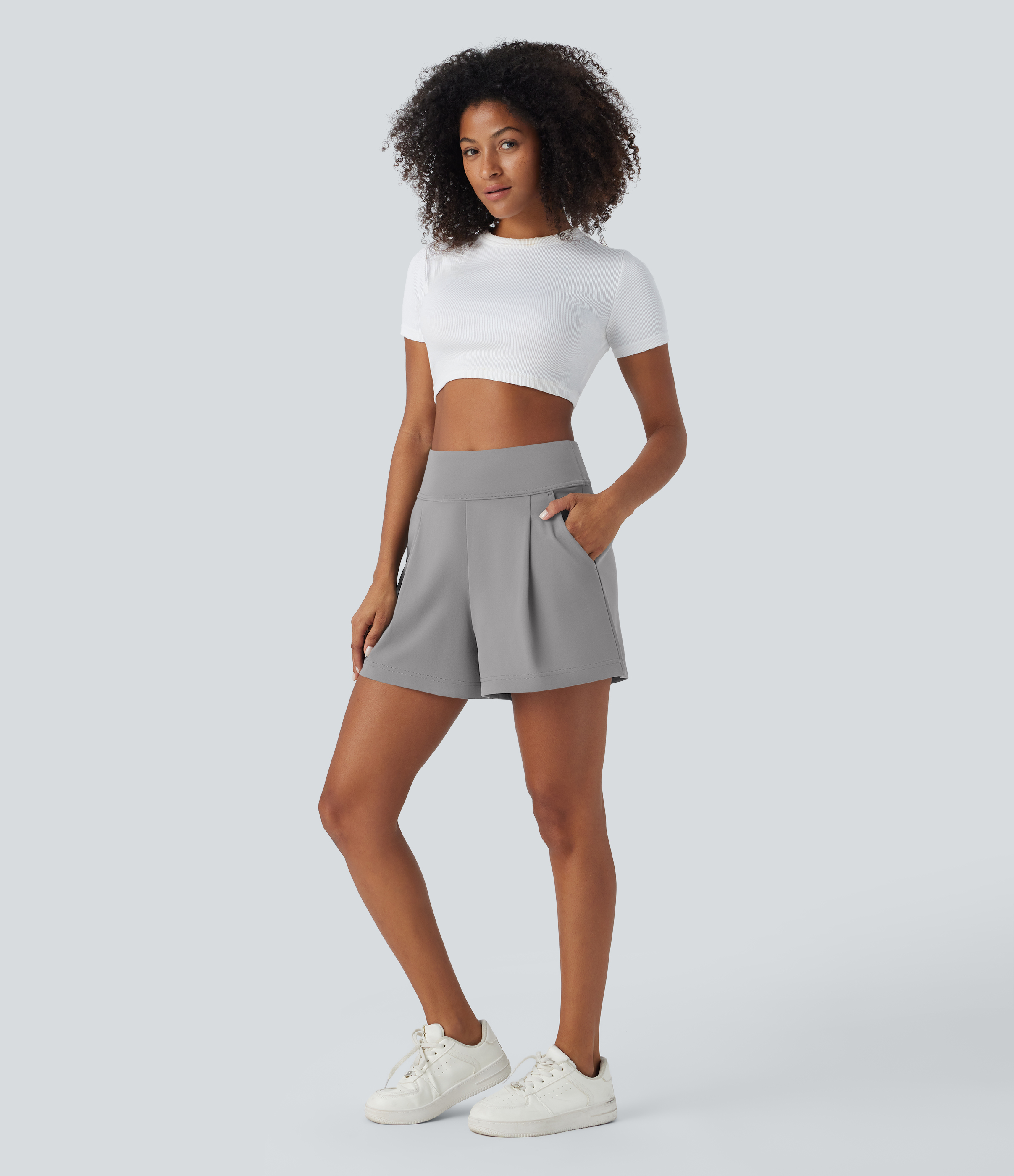 Halara High Waisted Plicated Side Pocket Wide Leg Work Shorts  - Silent Storm - M 