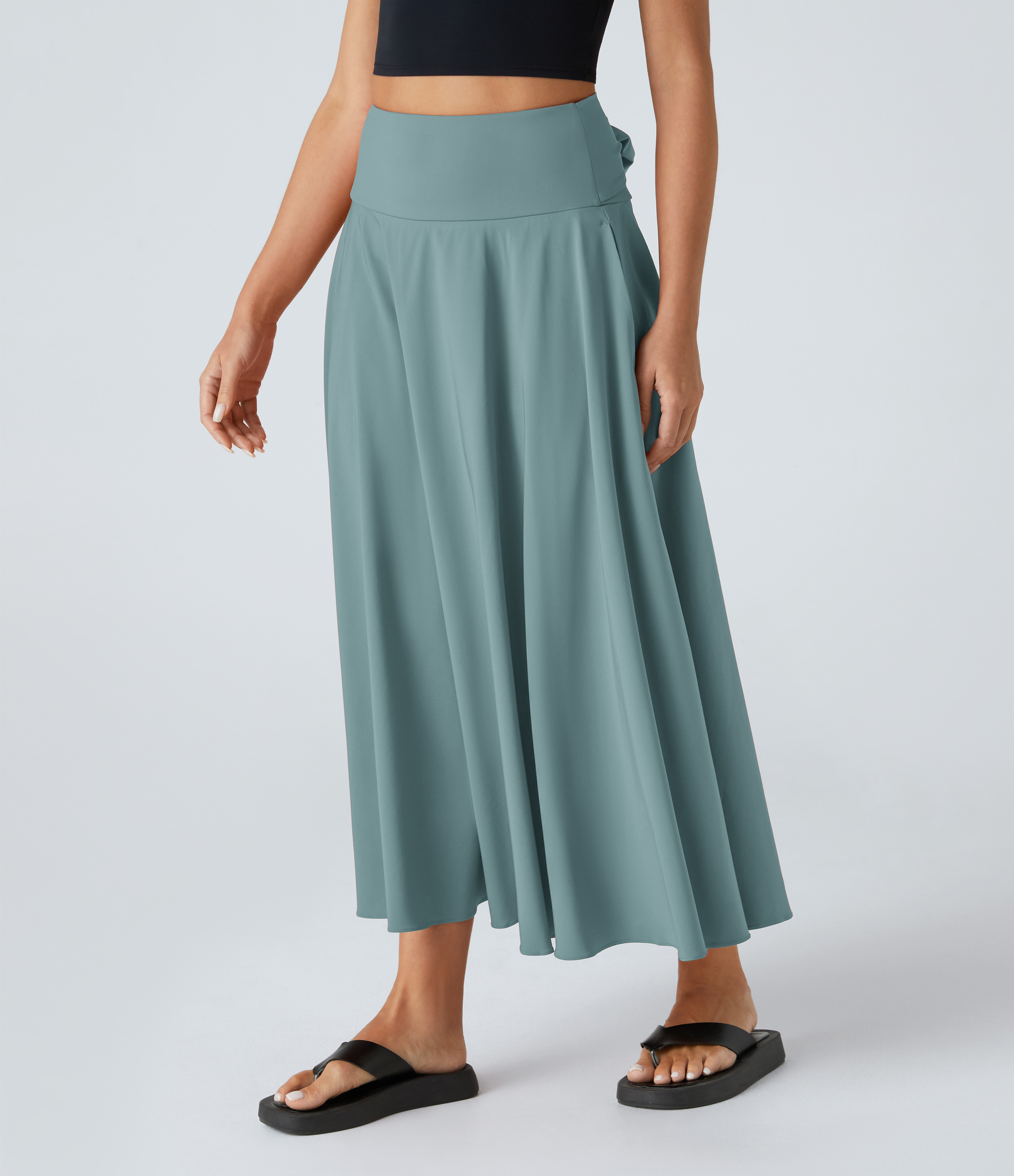 Halara Breezefulв„ў High Waisted Tie Back Side Pocket 2-in-1 Flowy Quick Dry Midi Casual Skirt  - Stone Blue - XS(regular) 