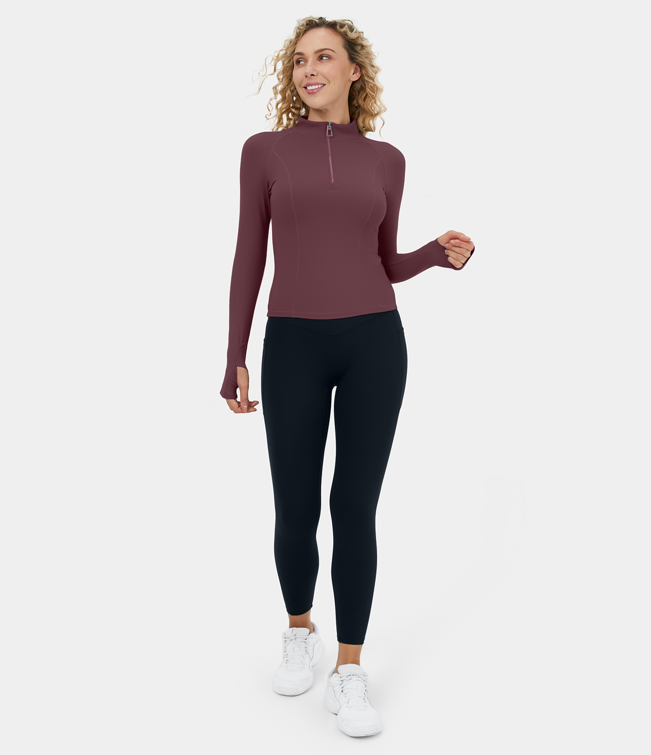 

Halara Softlyzeroв„ў Plush Half Zip Thumb Hole Yoga Sports Top - Red Mahogany
