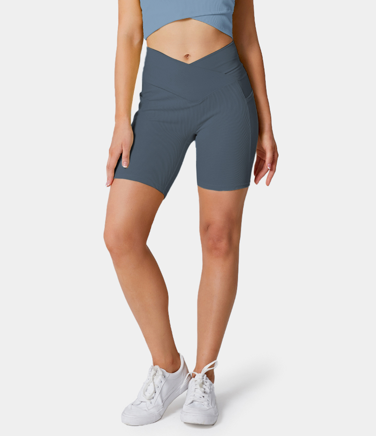 Women's High Waisted Crossover Side Pocket Biker Shorts HALARA