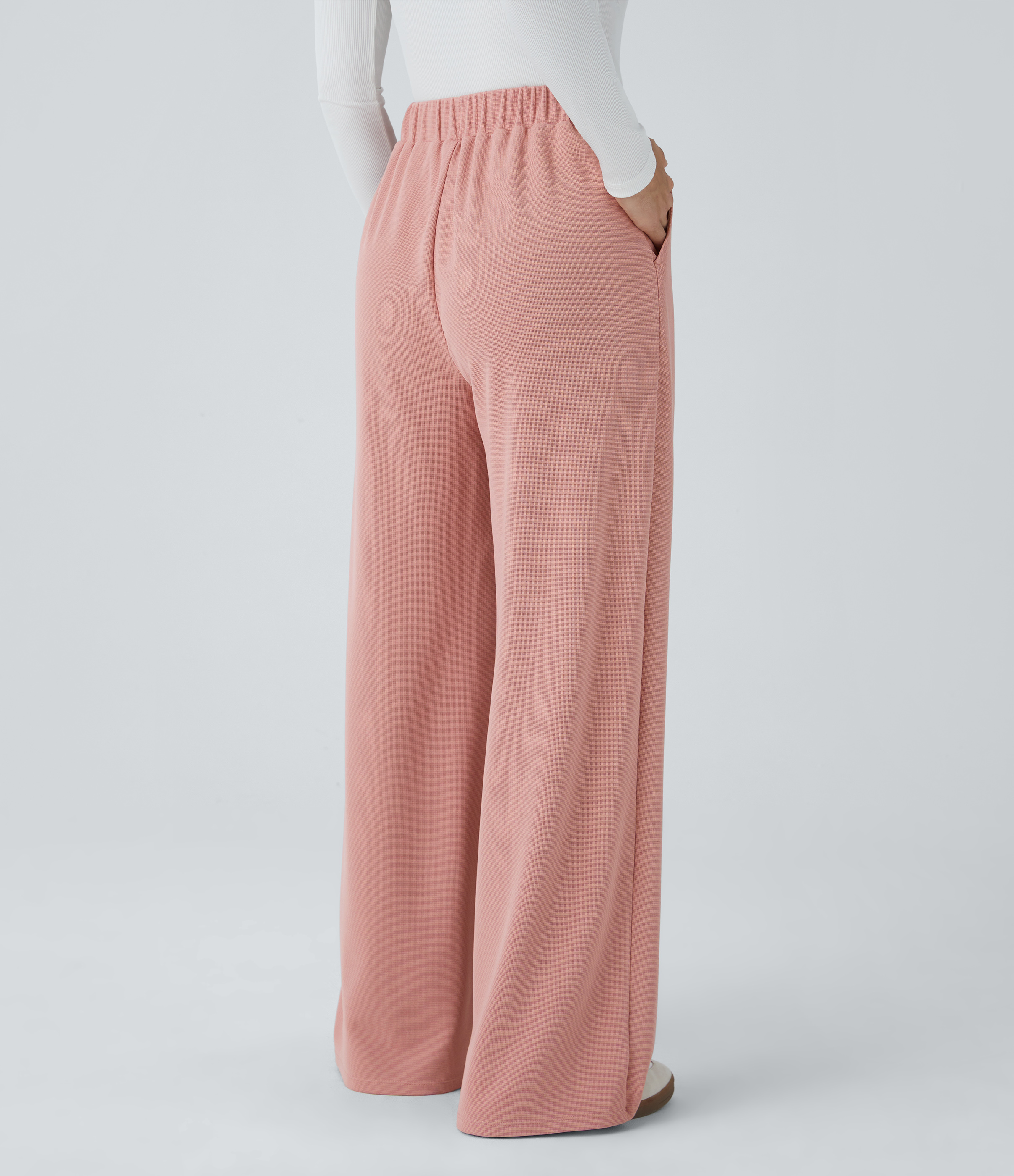 Rose Tan Pantalón tiro alto botón bolsillo lateral plisado pierna ancha / 2