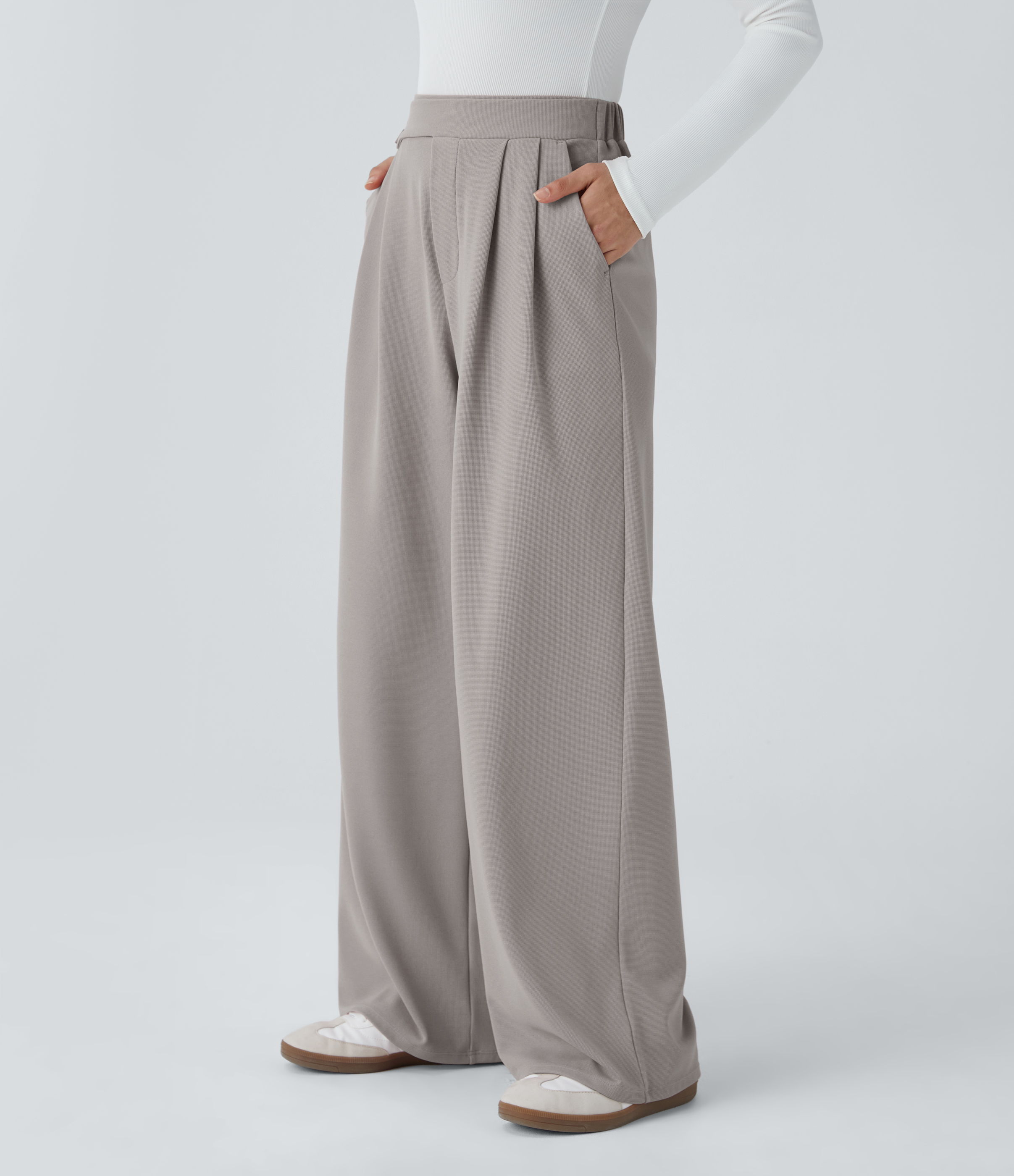 Halara High Waisted Button Side Pocket Wide Leg Waffle Casual Pants  - Mink Ash - S(regular) sweatpants jogger pants stacked sweatpants 