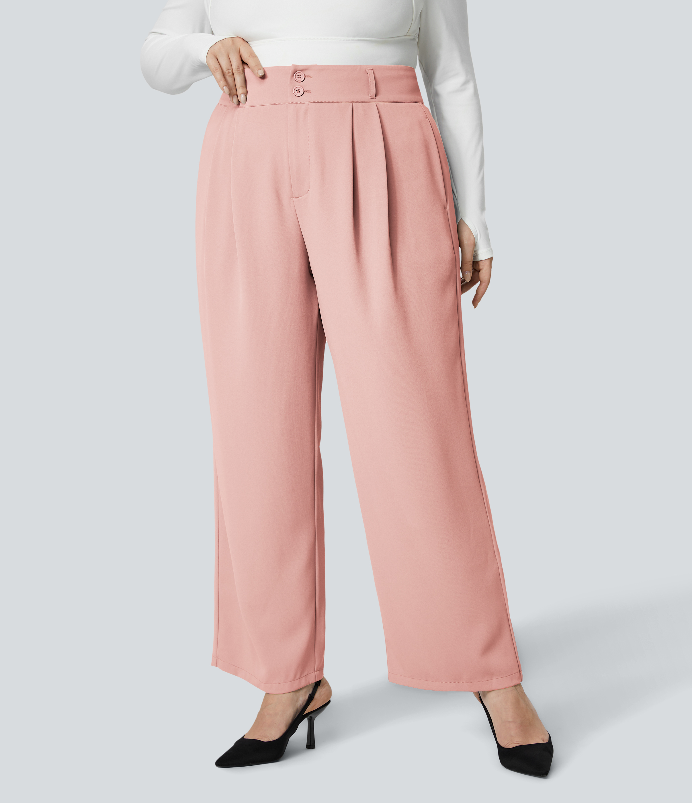Halara High Waisted Button Zipper Plicated Side Pocket Shirred Straight Leg Work Plus Size Suit Pants  - Peachskin - 3X(regular) 