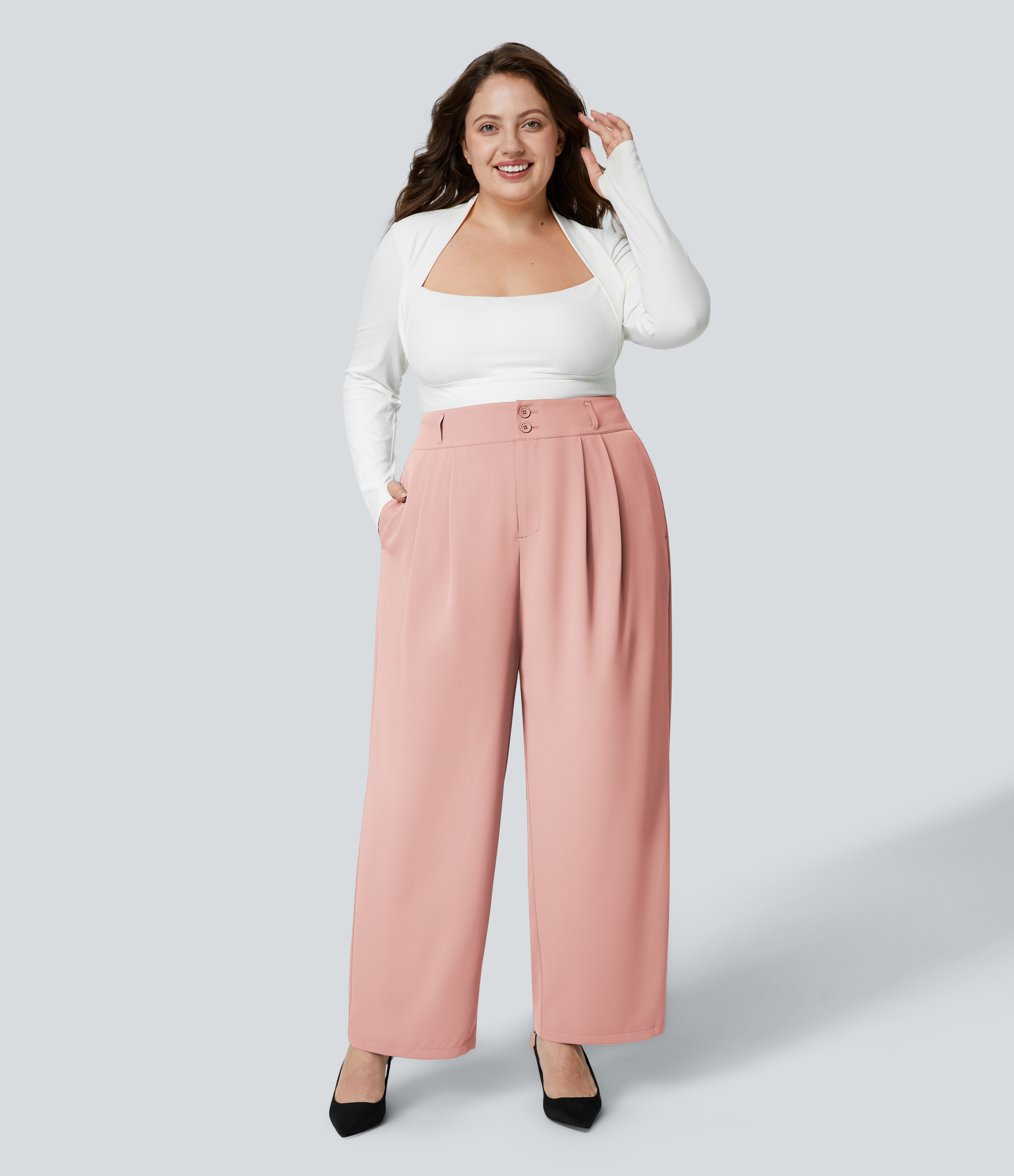 Halara High Waisted Button Zipper Plicated Side Pocket Shirred Straight Leg Work Plus Size Suit Pants  - Peachskin - 3X(regular) 
