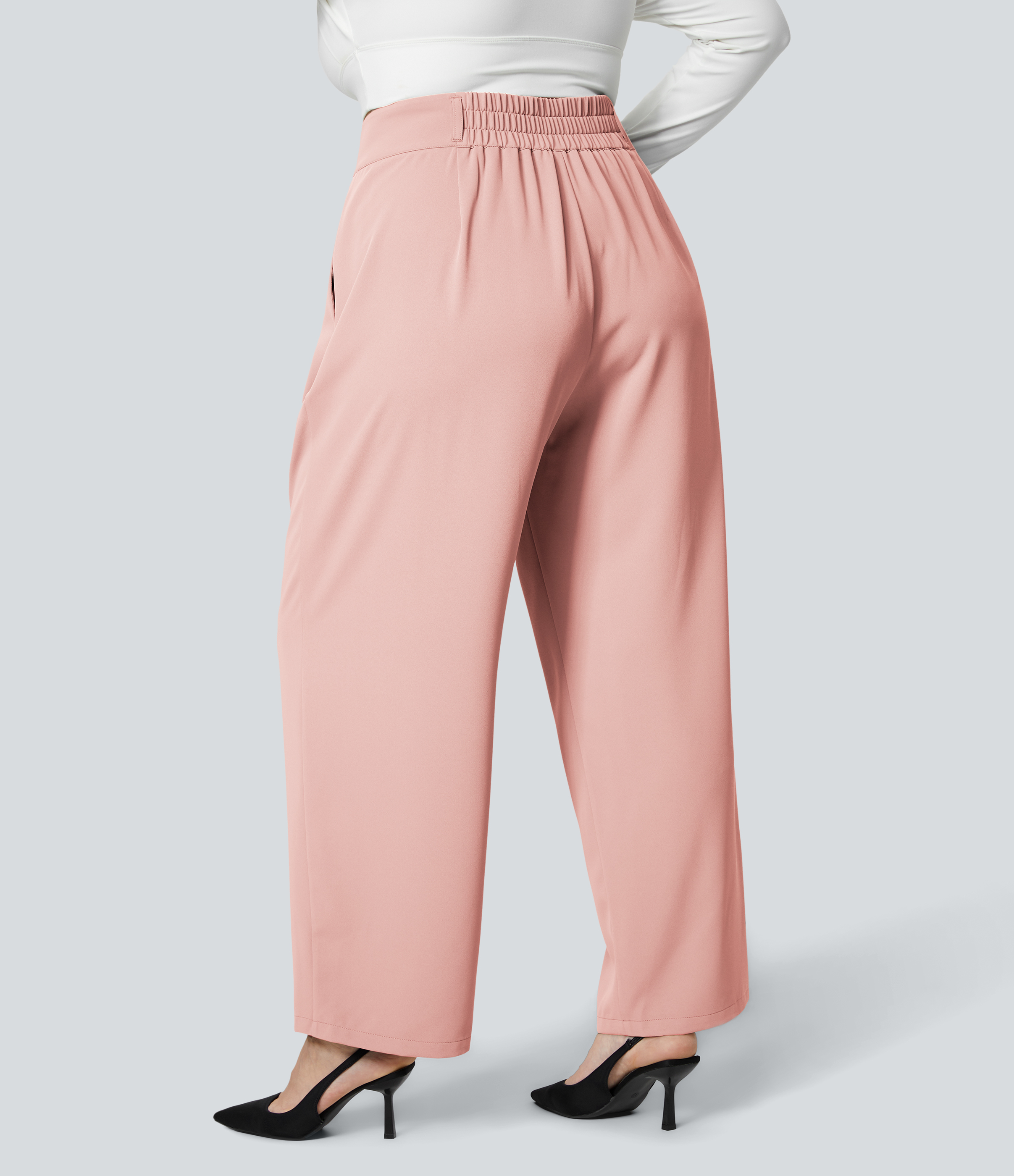 Halara High Waisted Button Zipper Plicated Side Pocket Shirred Straight Leg Work Plus Size Suit Pants  - Peachskin - 3X(regular) 