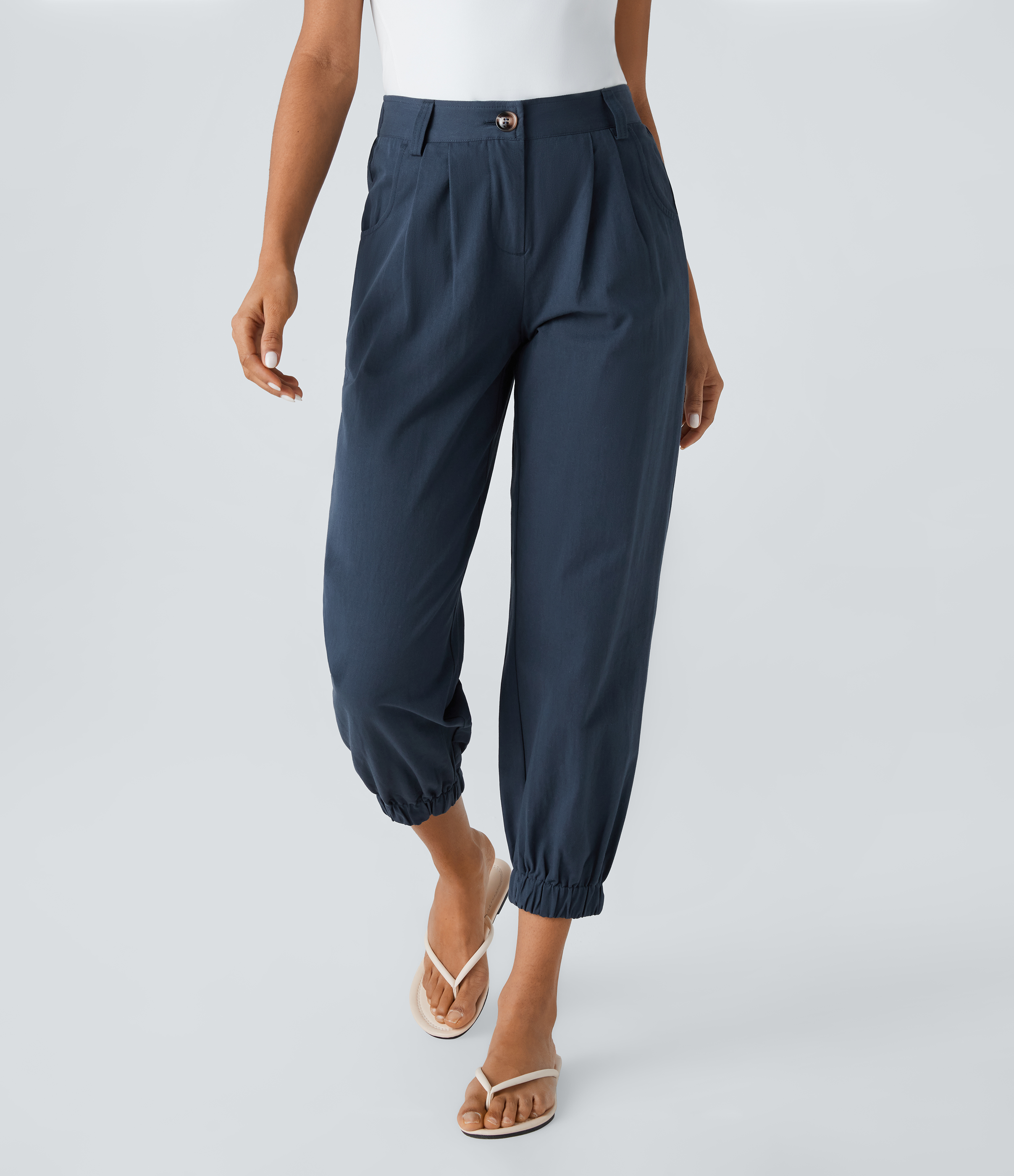Halara Mid Rise Button Zipper Side Pocket Casual Cotton Joggers  - Moonlit Ocean - M(regular) 