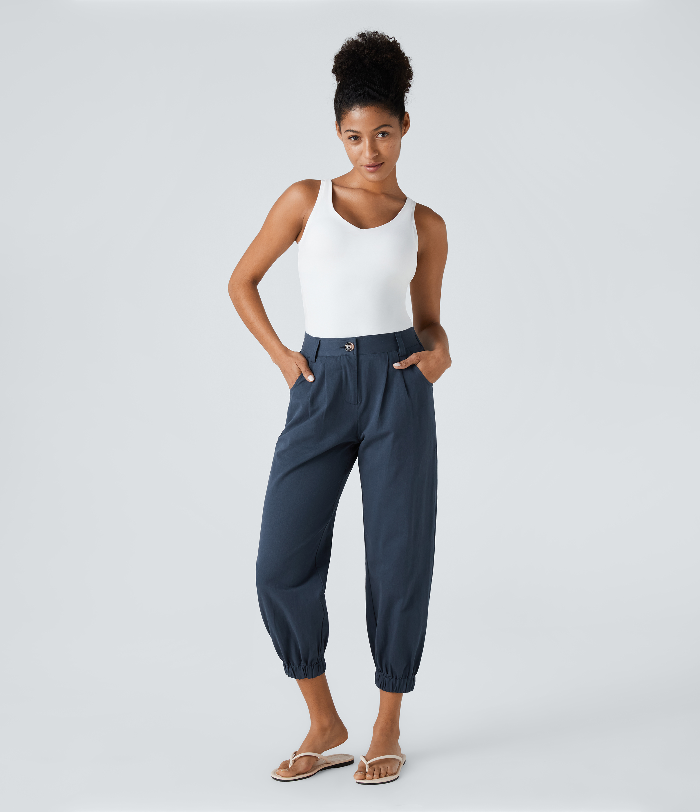 Halara Mid Rise Button Zipper Side Pocket Casual Cotton Joggers  - Moonlit Ocean - M(regular) 