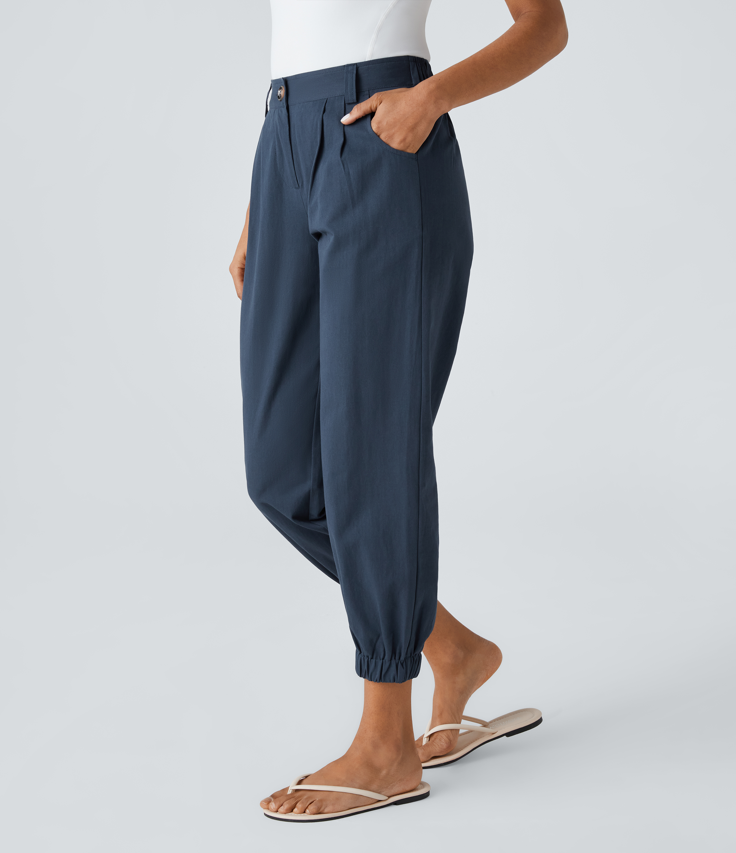Halara Mid Rise Button Zipper Side Pocket Casual Cotton Joggers  - Moonlit Ocean - M(regular) 
