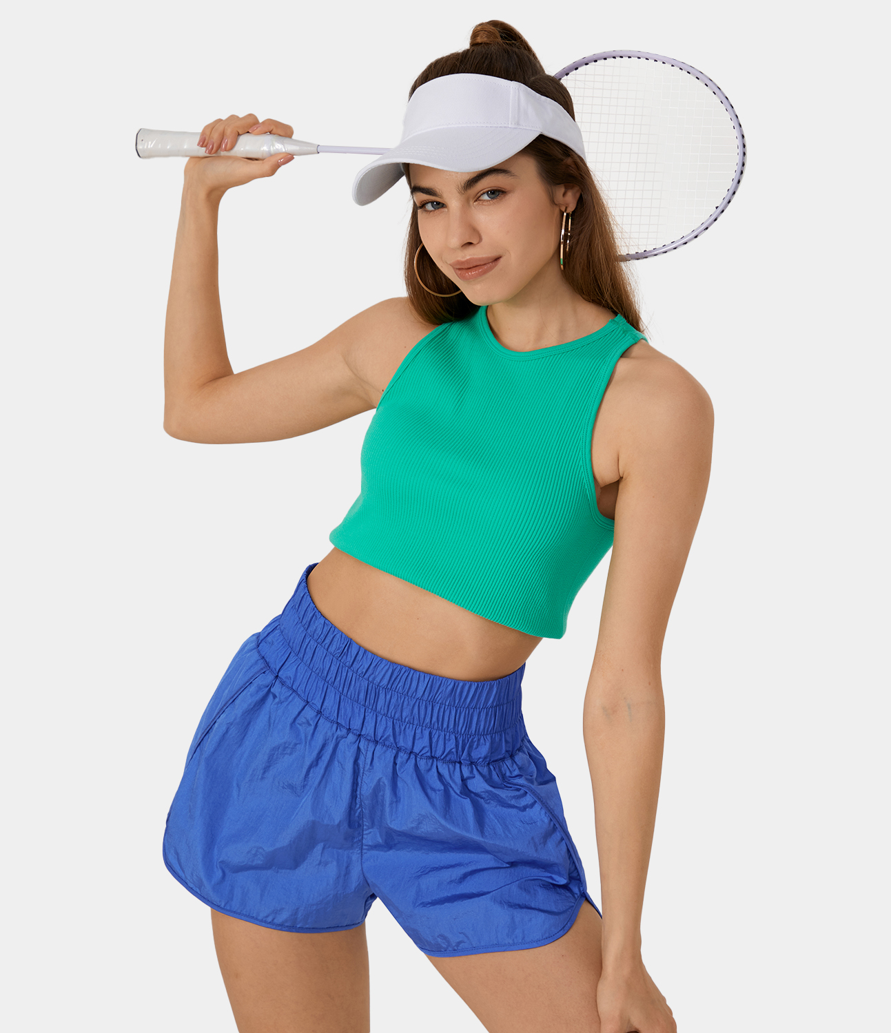 Halara Super High Waisted Split Hem 2-in-1 Casual Shorts 2.5`` Gym Short - Bluebird Cyan - M booty shorts compression shorts yoga shorts 