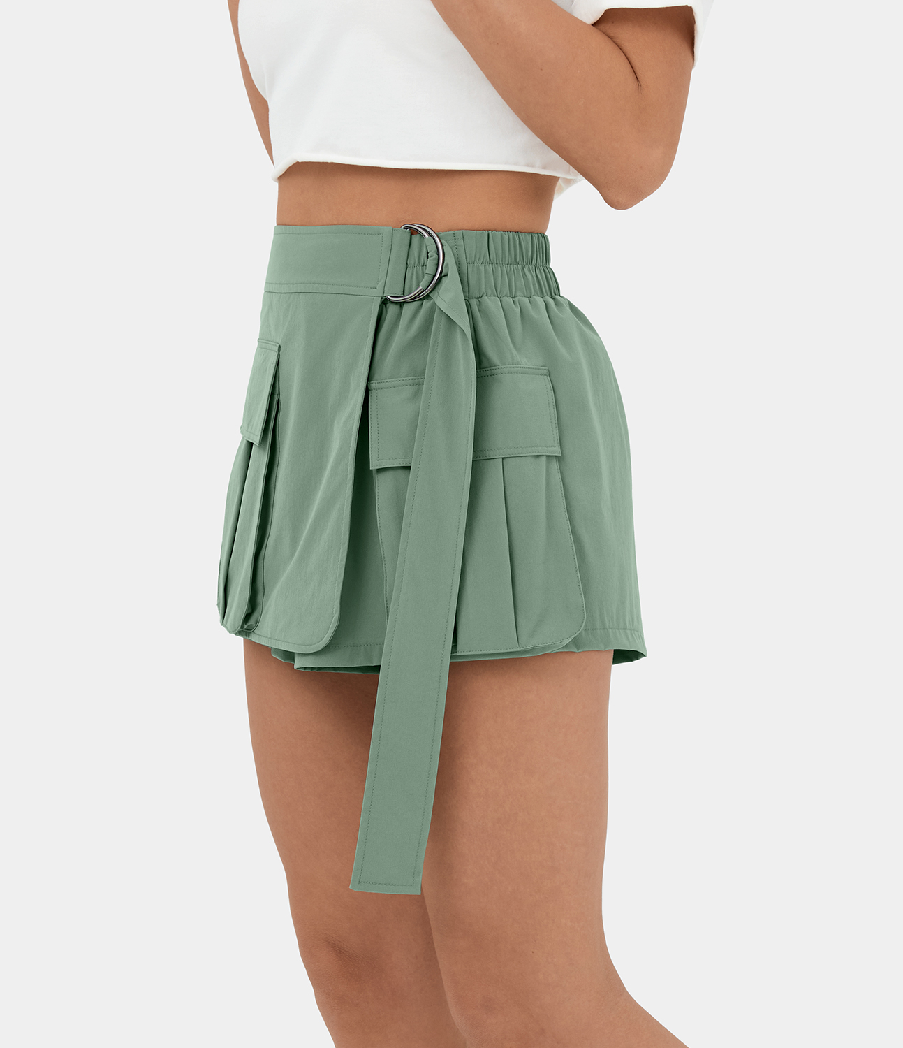 Halara Mid Rise Belted Flap Pocket Casual Cargo Shorts 2`` Gym Short - Green Bay - L booty shorts compression shorts yoga shorts 