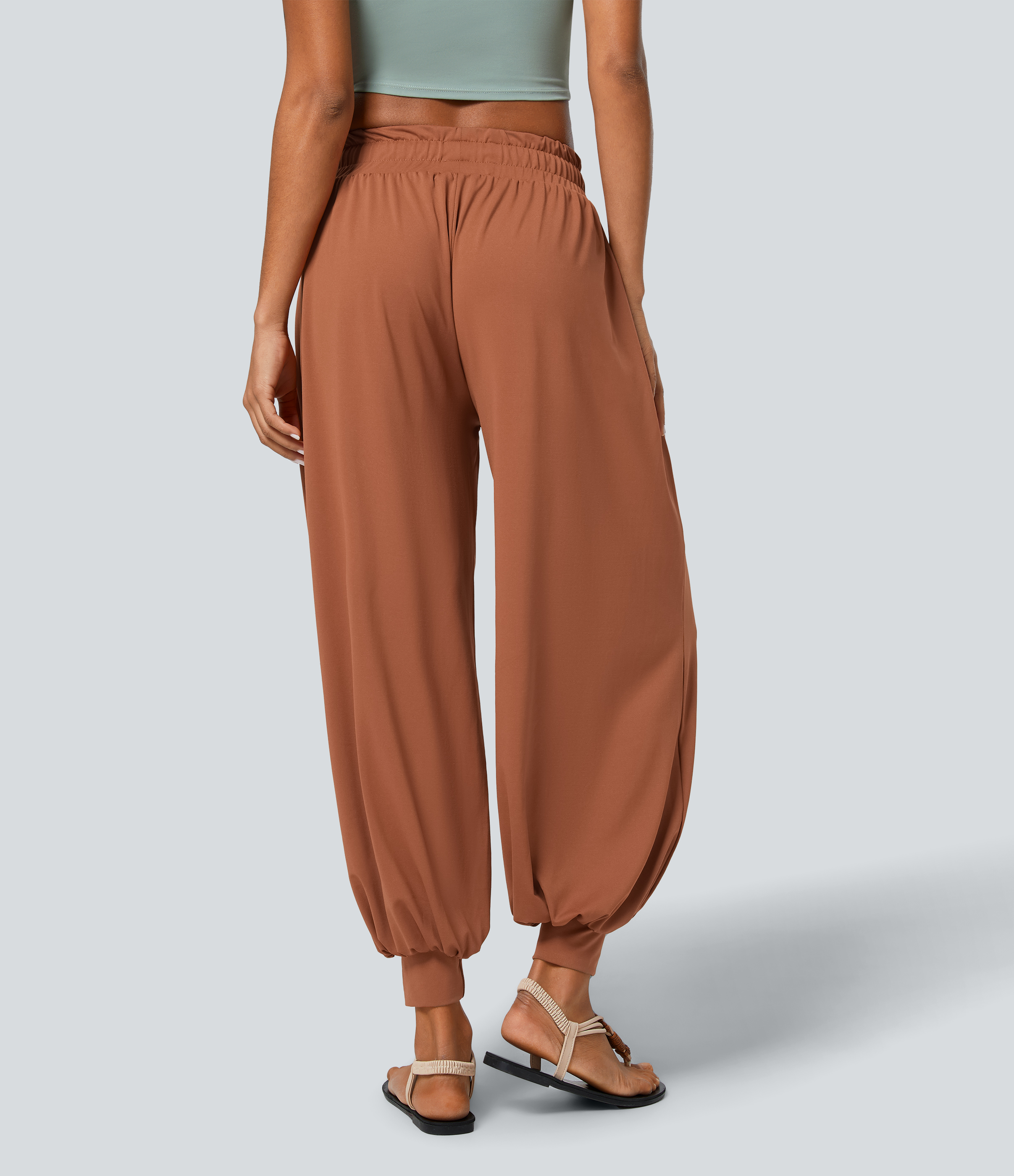 Halara Low Rise Drawstring Plicated Side Pocket Boho Casual Joggers  - Amber Brown - XS(regular) 