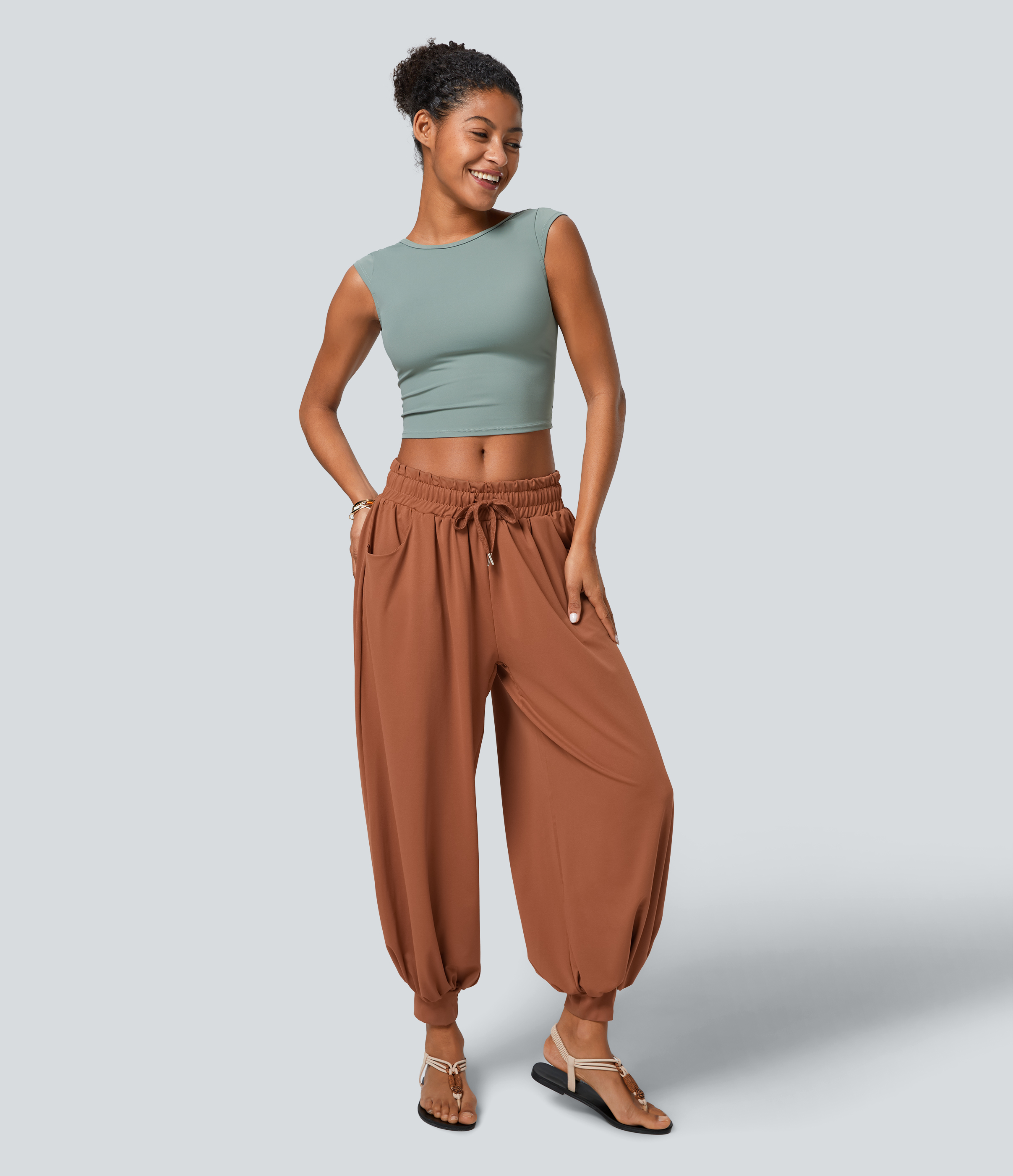 Halara Low Rise Drawstring Plicated Side Pocket Boho Casual Joggers  - Amber Brown - XS(regular) 