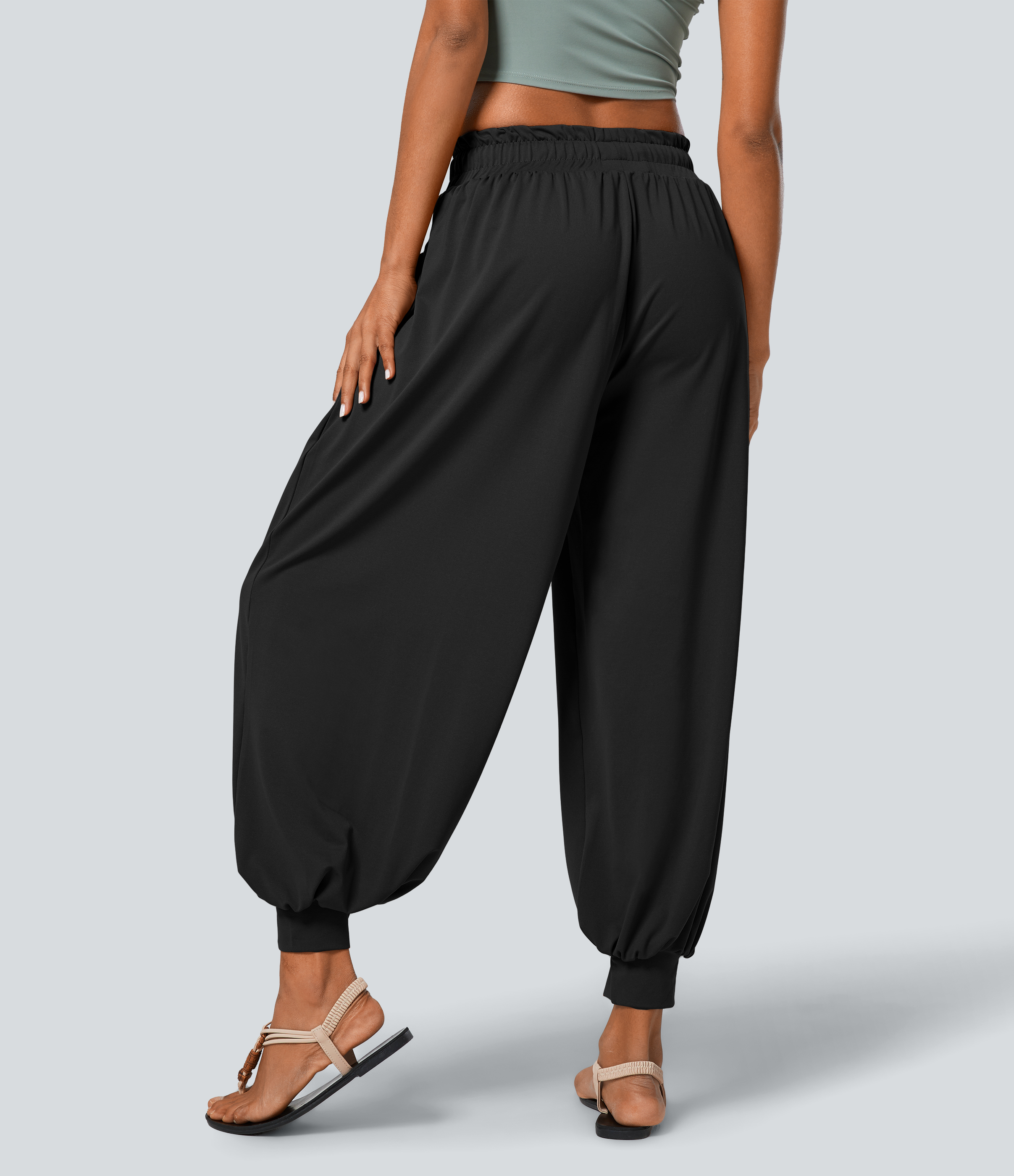 Halara Low Rise Drawstring Plicated Side Pocket Boho Casual Joggers  - Black - M(regular) 