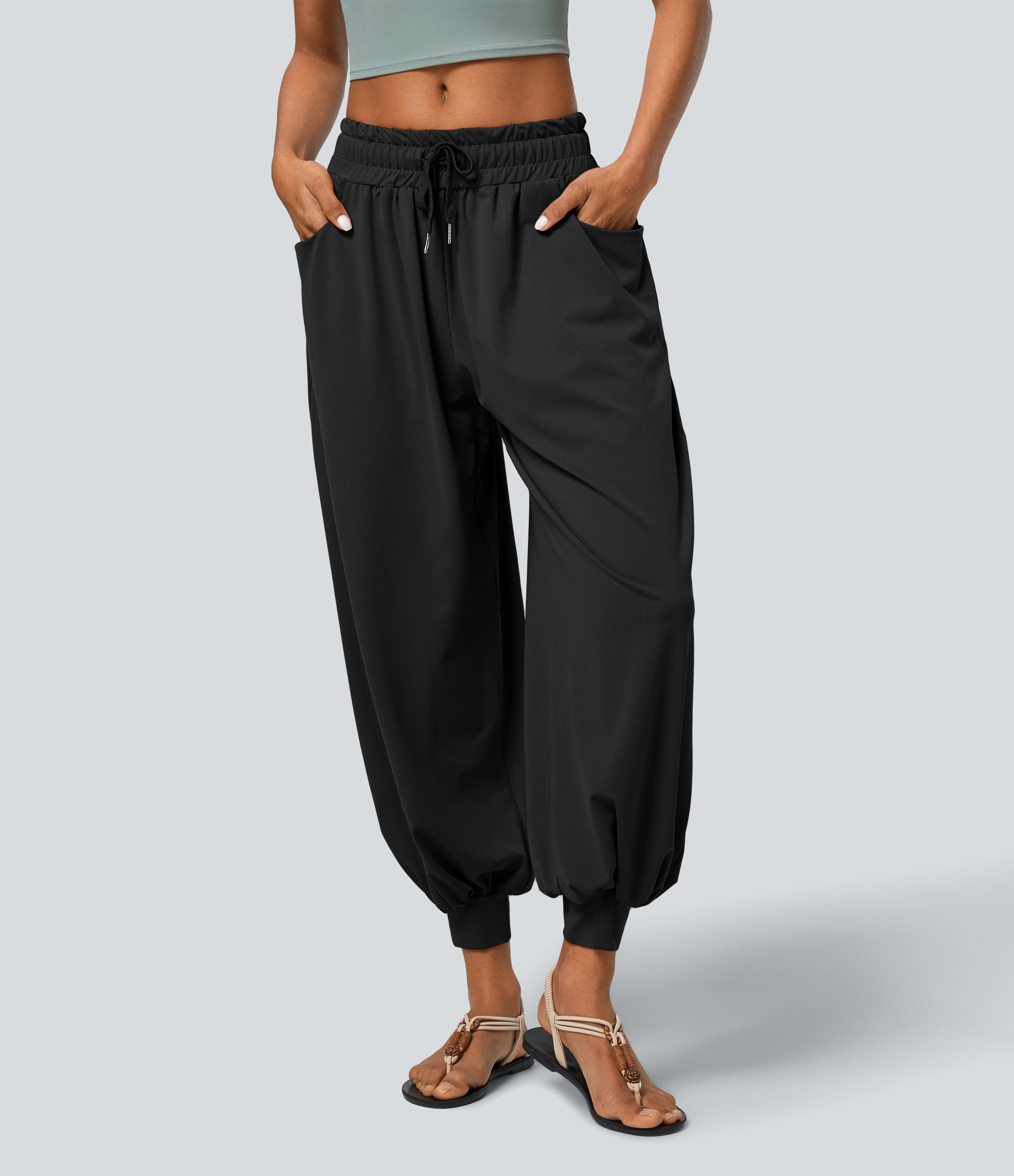 Halara Low Rise Drawstring Plicated Side Pocket Boho Casual Joggers  - Black - M(regular) 