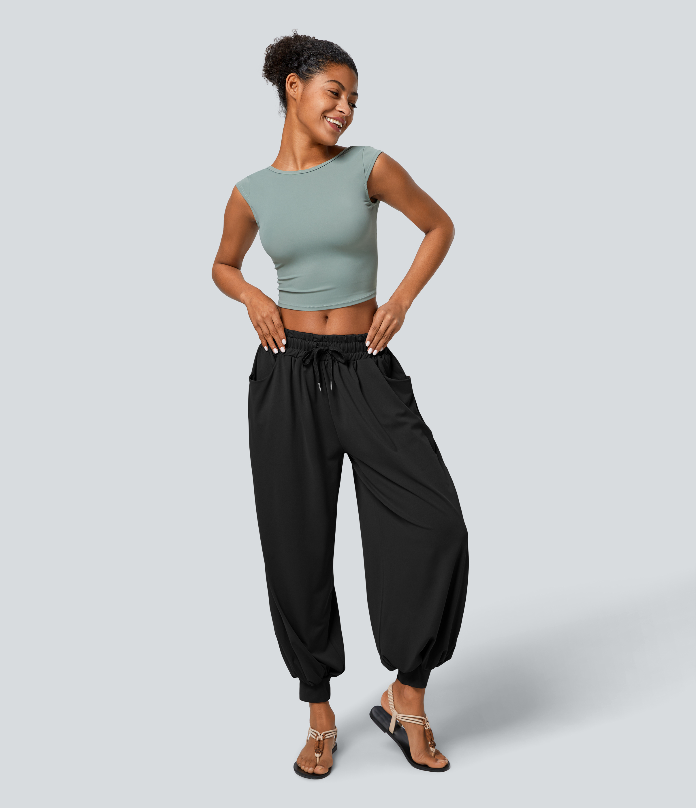 Halara Low Rise Drawstring Plicated Side Pocket Boho Casual Joggers  - Black - M(regular) 