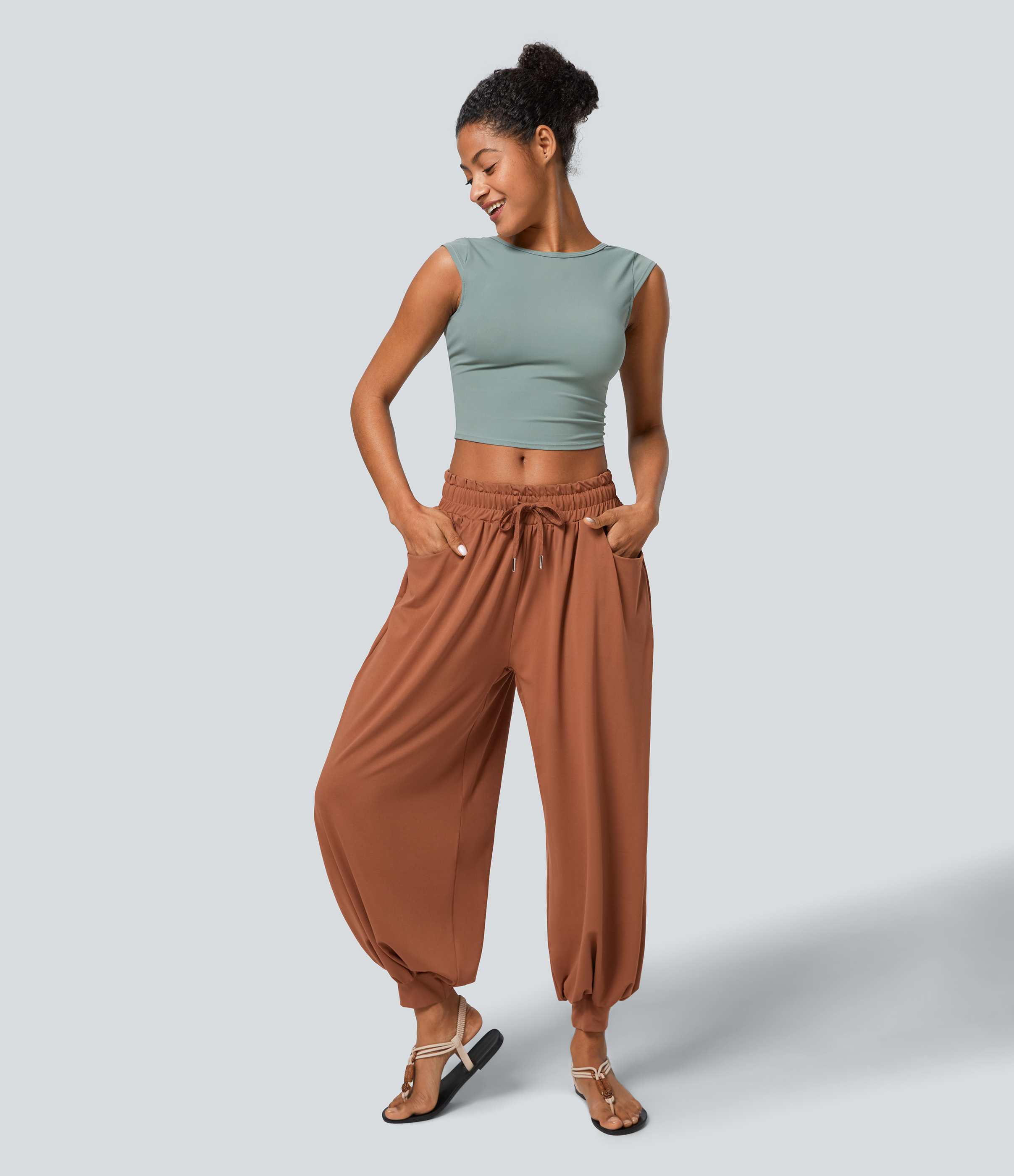 Halara Low Rise Drawstring Plicated Side Pocket Boho Casual Joggers  - Amber Brown - XS(regular) 