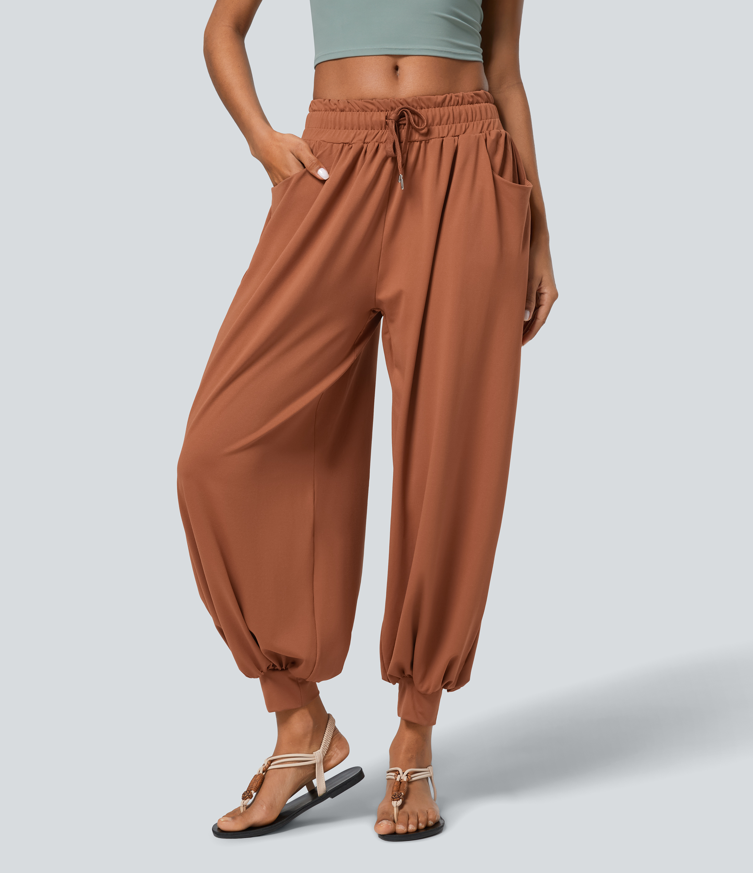 Halara Low Rise Drawstring Plicated Side Pocket Boho Casual Joggers  - Amber Brown - XS(regular) 