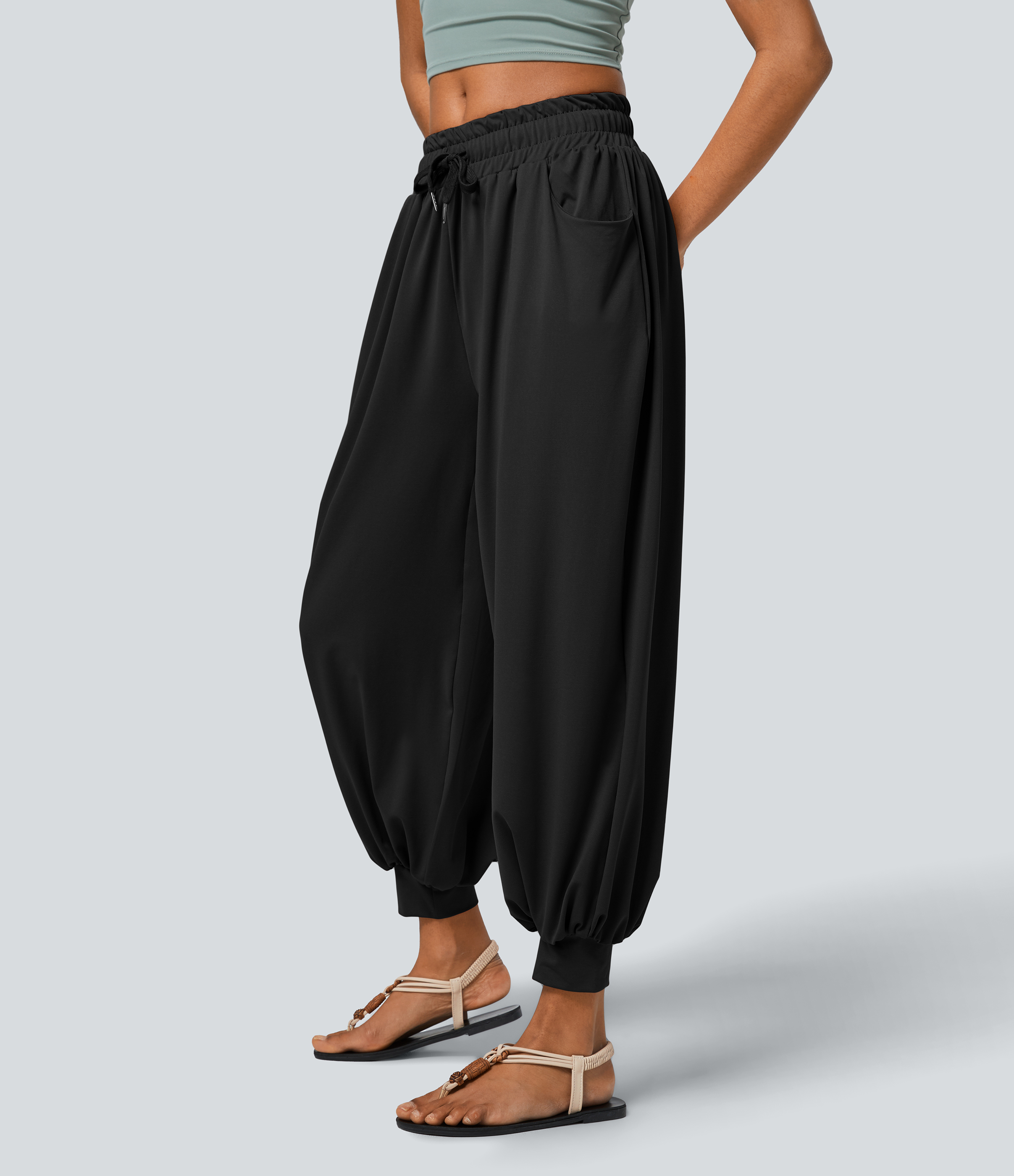 Halara Low Rise Drawstring Plicated Side Pocket Boho Casual Joggers  - Black - M(regular) 