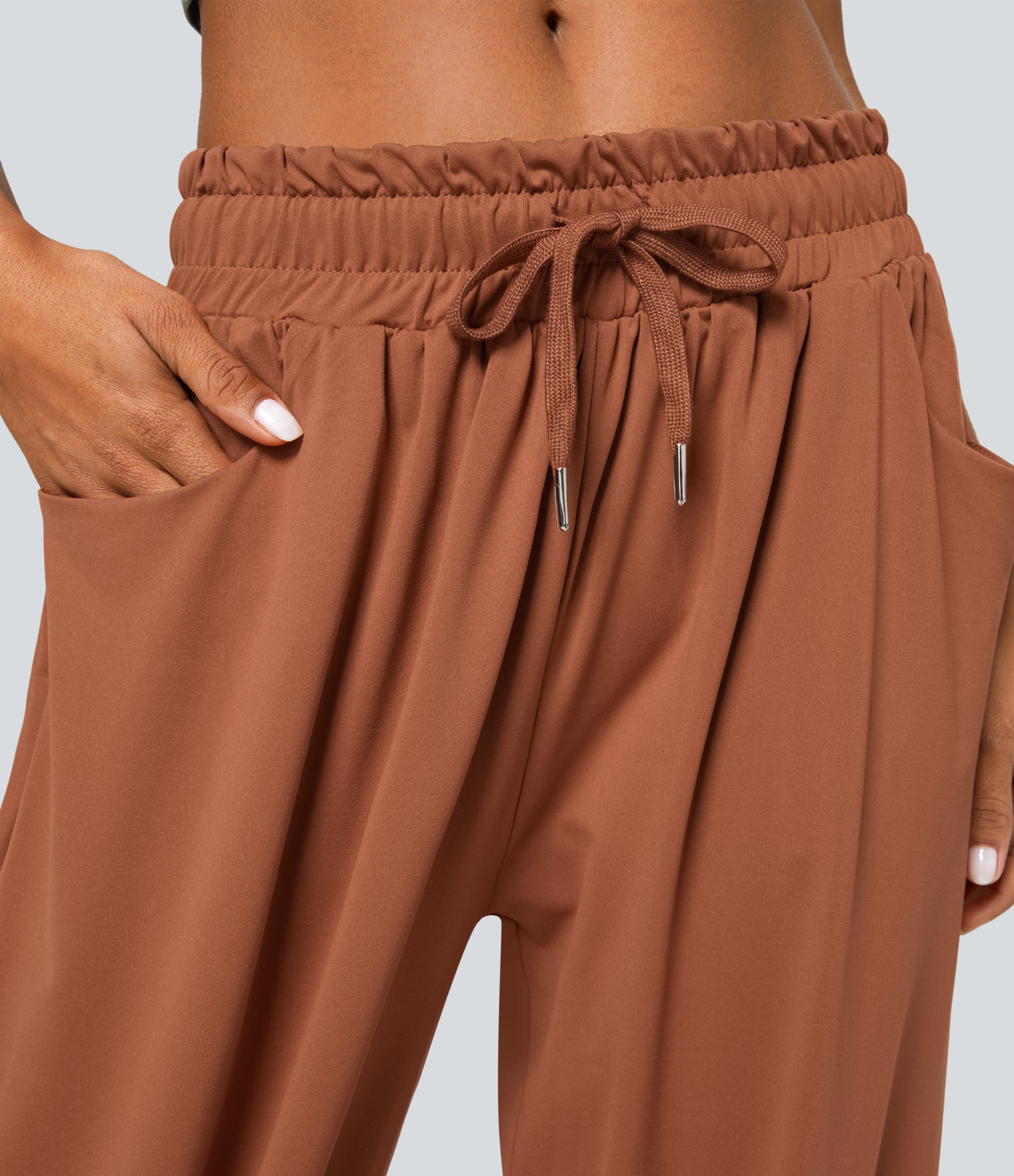 Halara Low Rise Drawstring Plicated Side Pocket Boho Casual Joggers  - Amber Brown - XS(regular) 