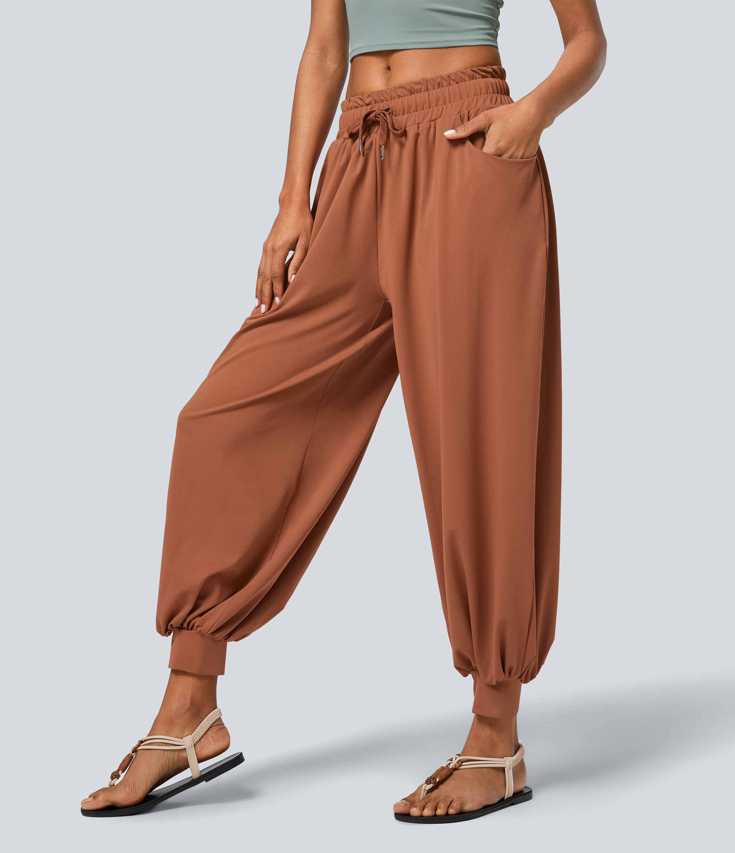 Halara Low Rise Drawstring Plicated Side Pocket Boho Casual Joggers  - Amber Brown - XS(regular) 