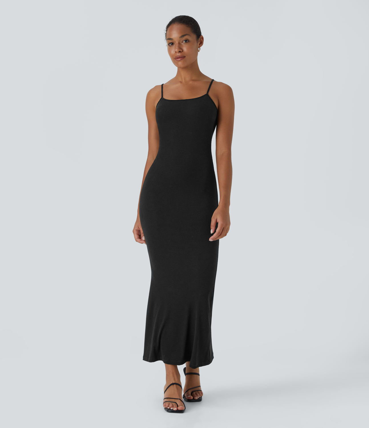Halara Ribbed Backless Bodycon Maxi Mermaid Hem Party Slip Dress Casual Dress - Black - L slip dress beach dress ruched dress halter dress 