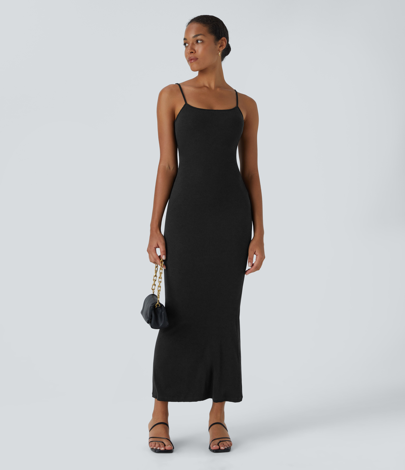 Halara Ribbed Backless Bodycon Maxi Mermaid Hem Party Slip Dress Casual Dress - Black - L slip dress beach dress ruched dress halter dress 