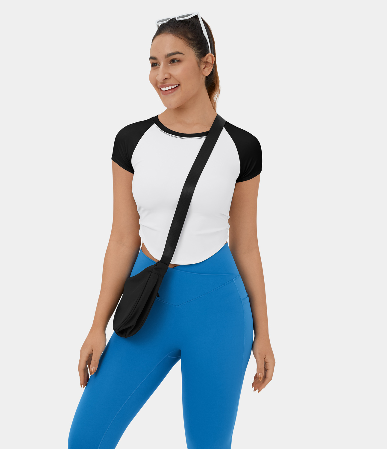 Halara Softlyzeroв„ў Airy Color Block Ruched Curved Hem Cropped Cool Touch Casual T-Shirt-UPF50+  - Black - L 