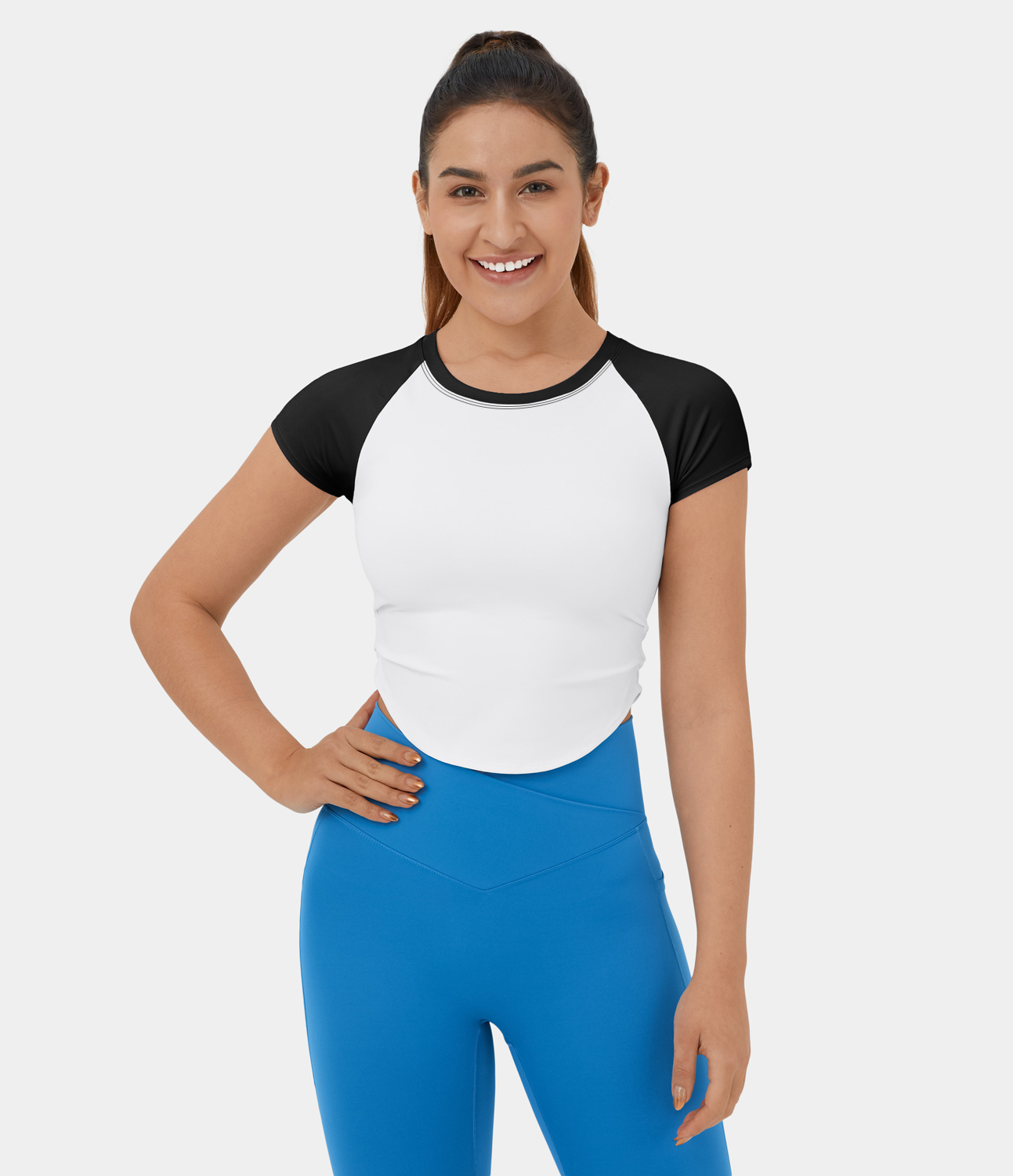 Halara Softlyzeroв„ў Airy Color Block Ruched Curved Hem Cropped Cool Touch Casual T-Shirt-UPF50+  - Black - L 