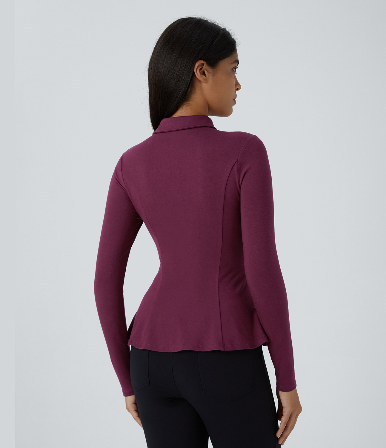 Halara Collared Cut Out Button Long Sleeve Slim Peplum Work Top Tank Top - Red Violet - S golf tops halter top tunic tops sleeveless tops 