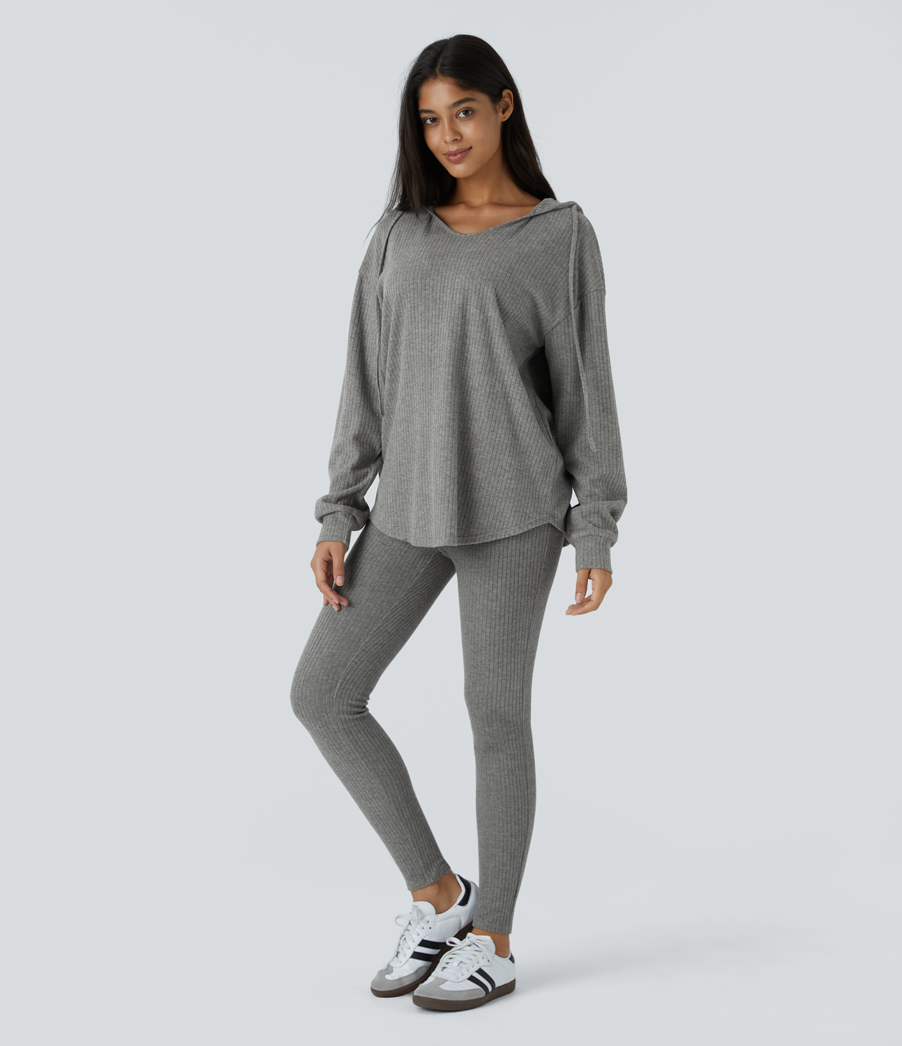 Halara Ribbed Knit Hooded V Neck Drawstring Long Sleeve Curved Hem Casual Sweatshirt  - Dark Mottled Grey - M 