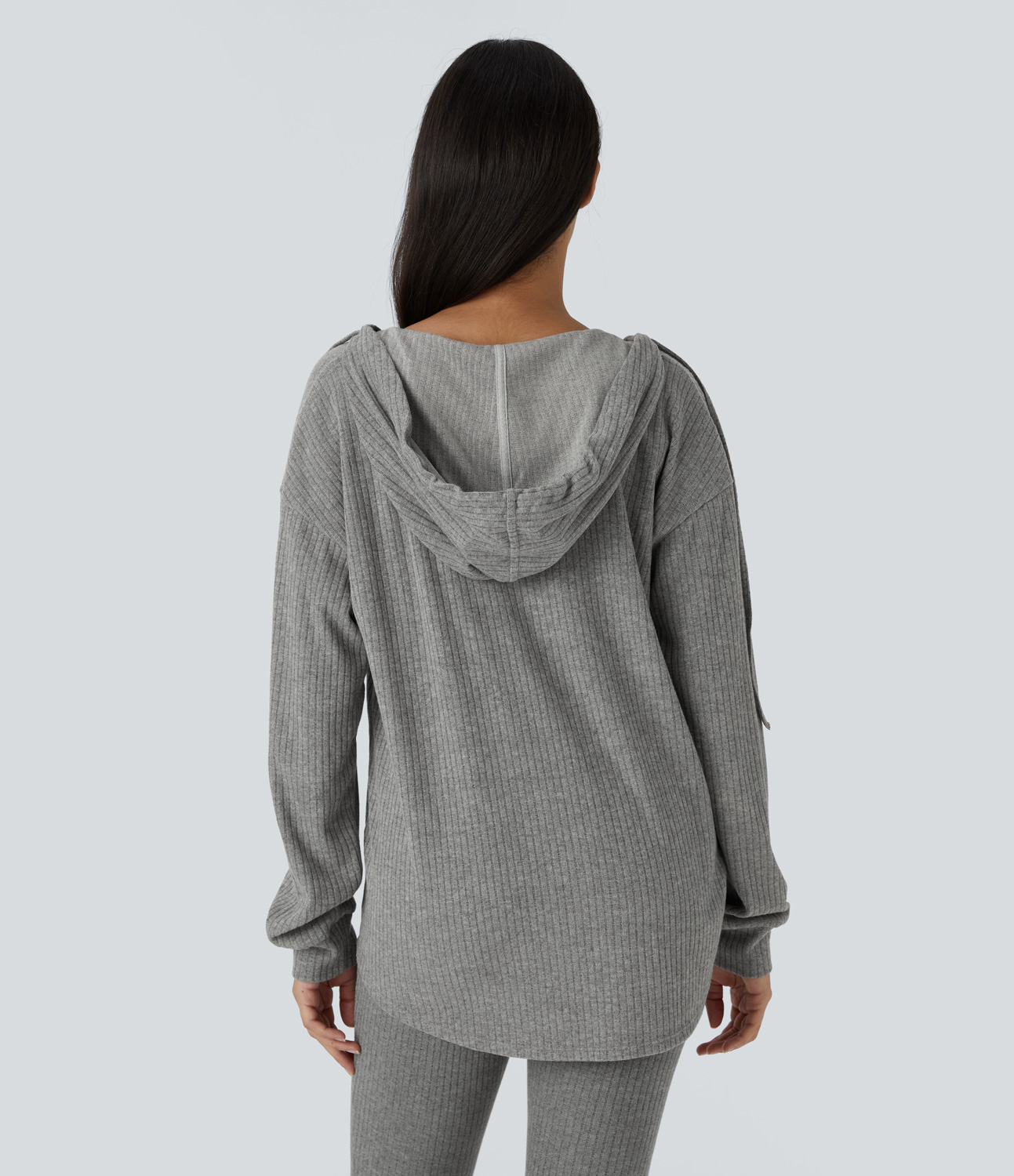 Halara Ribbed Knit Hooded V Neck Drawstring Long Sleeve Curved Hem Casual Sweatshirt  - Dark Mottled Grey - M 