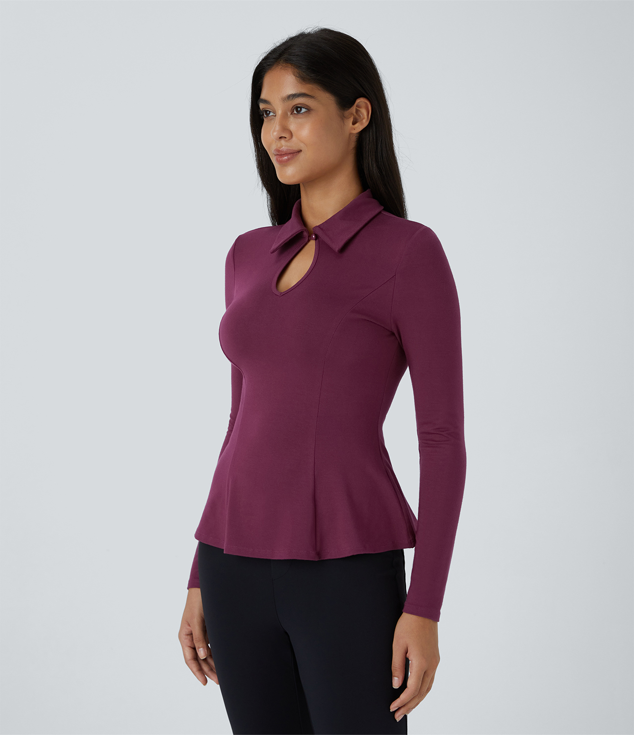 Halara Collared Cut Out Button Long Sleeve Slim Peplum Work Top Tank Top - Red Violet - S golf tops halter top tunic tops sleeveless tops 