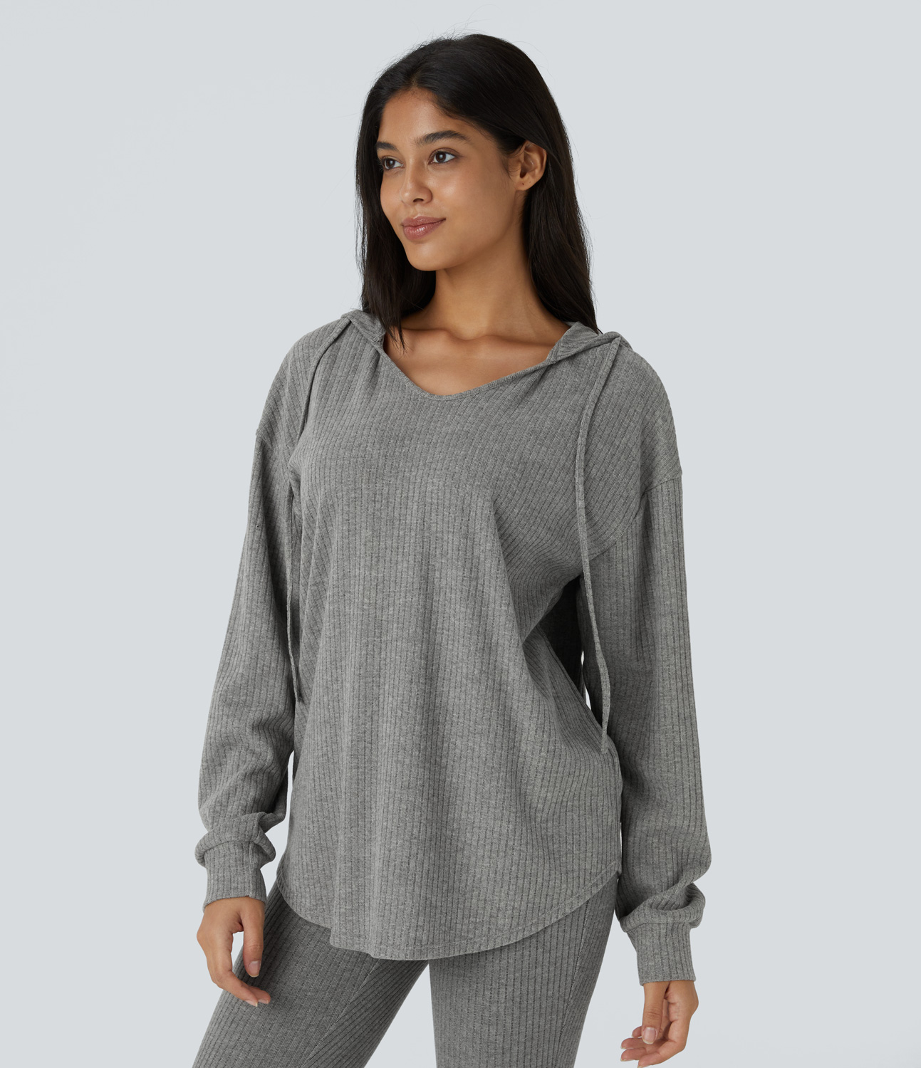 Halara Ribbed Knit Hooded V Neck Drawstring Long Sleeve Curved Hem Casual Sweatshirt  - Dark Mottled Grey - M 