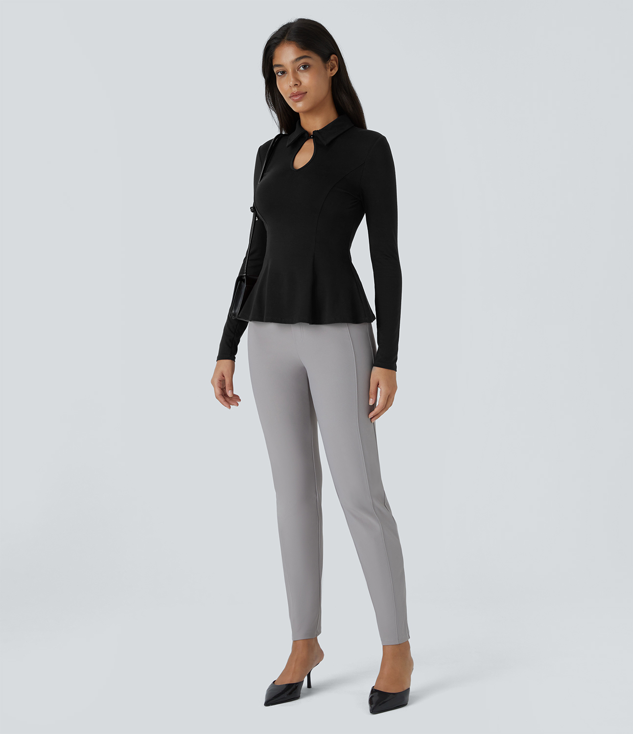 Halara Collared Cut Out Button Long Sleeve Slim Peplum Work Top Tank Top - Black - XS golf tops halter top tunic tops sleeveless tops 