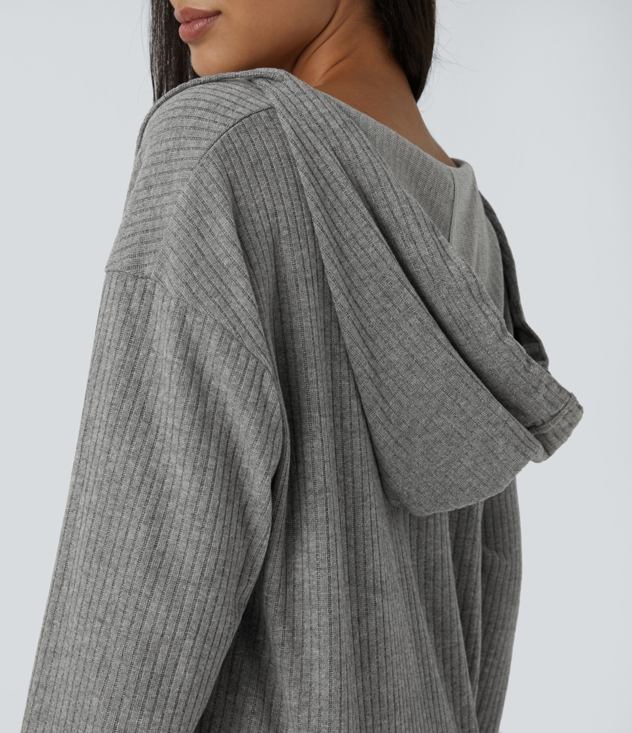 Halara Ribbed Knit Hooded V Neck Drawstring Long Sleeve Curved Hem Casual Sweatshirt  - Dark Mottled Grey - M 