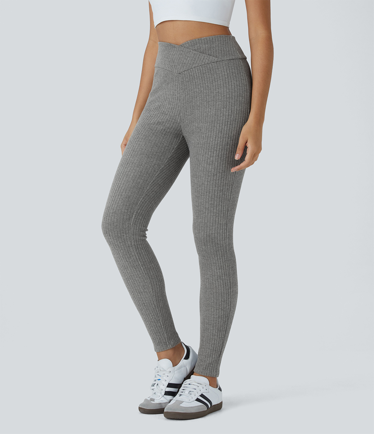 Halara Ribbed Knit Crossover High Waisted 7/8 Casual Leggings  - Dark Mottled Grey - M(7/8) 