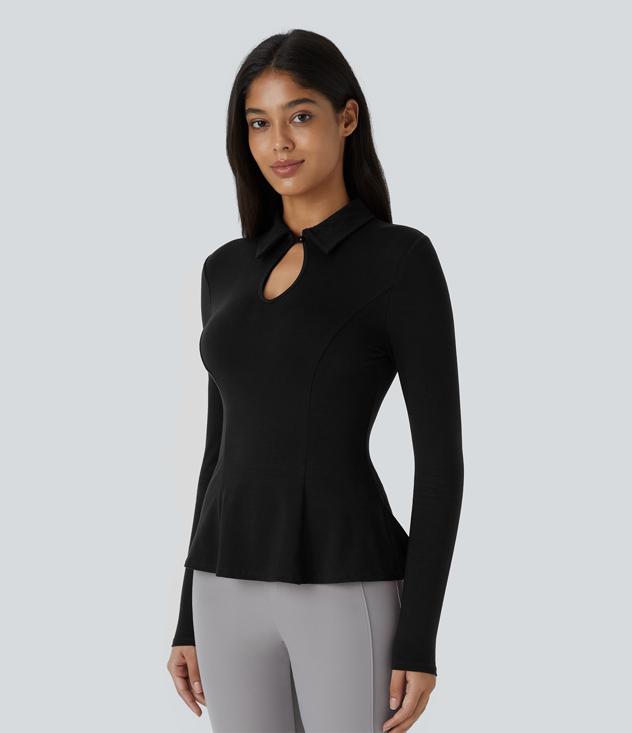 Halara Collared Cut Out Button Long Sleeve Slim Peplum Work Top Tank Top - Black - XS golf tops halter top tunic tops sleeveless tops 