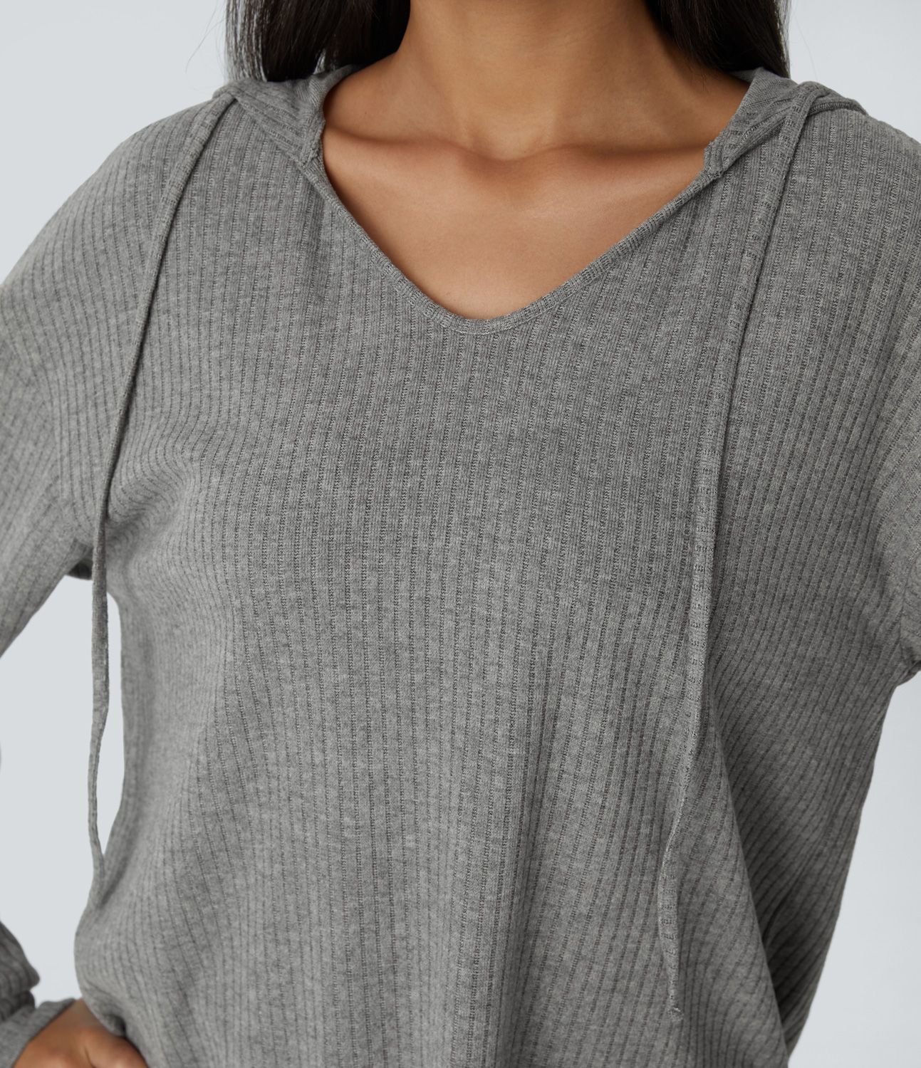 Halara Ribbed Knit Hooded V Neck Drawstring Long Sleeve Curved Hem Casual Sweatshirt  - Dark Mottled Grey - M 