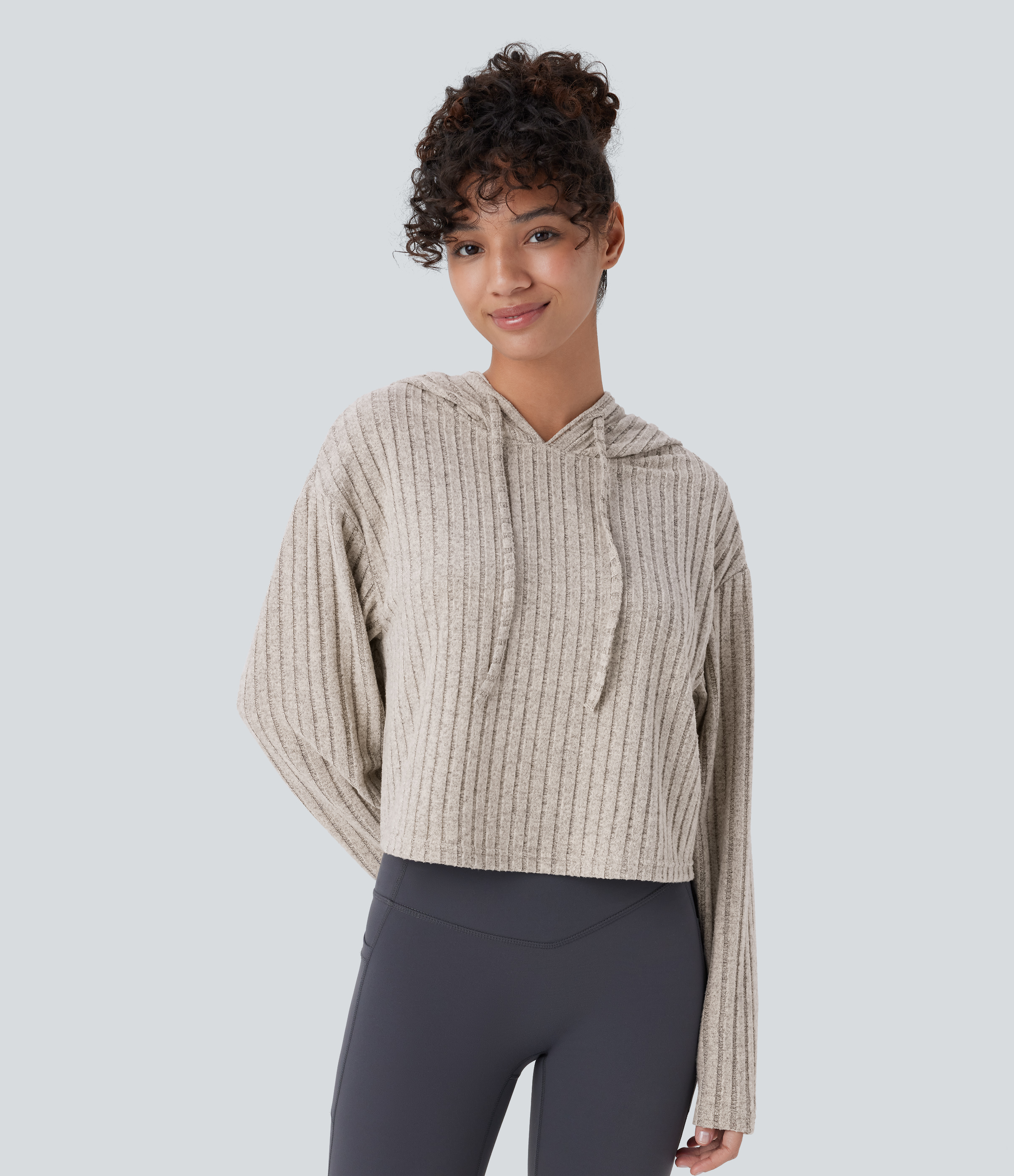 Halara Ribbed Knit Hooded Drawstring Relax Casual Sweatshirt  - Warm Grey Floral Velvet - M 