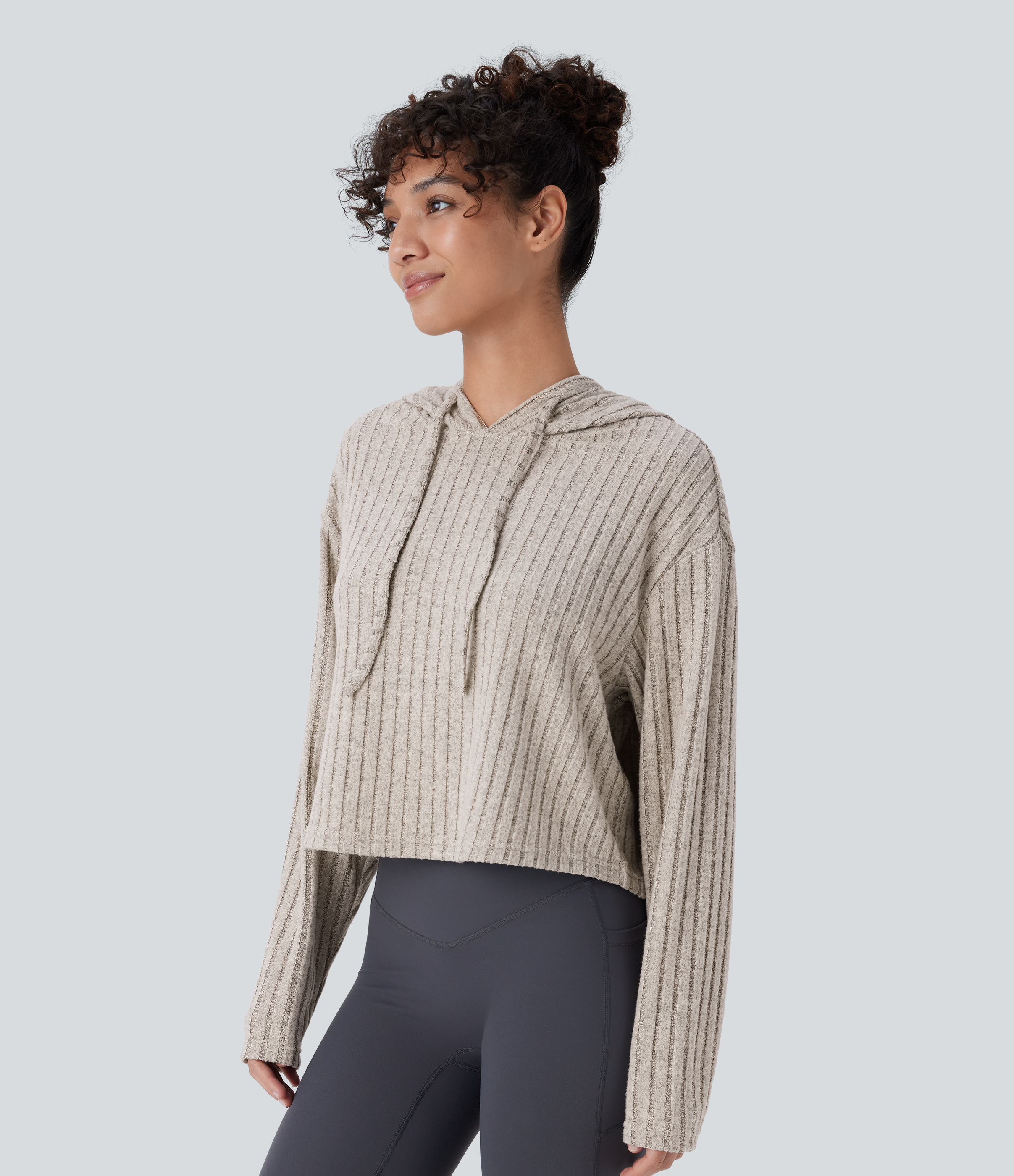 Halara Ribbed Knit Hooded Drawstring Relax Casual Sweatshirt  - Warm Grey Floral Velvet - M 