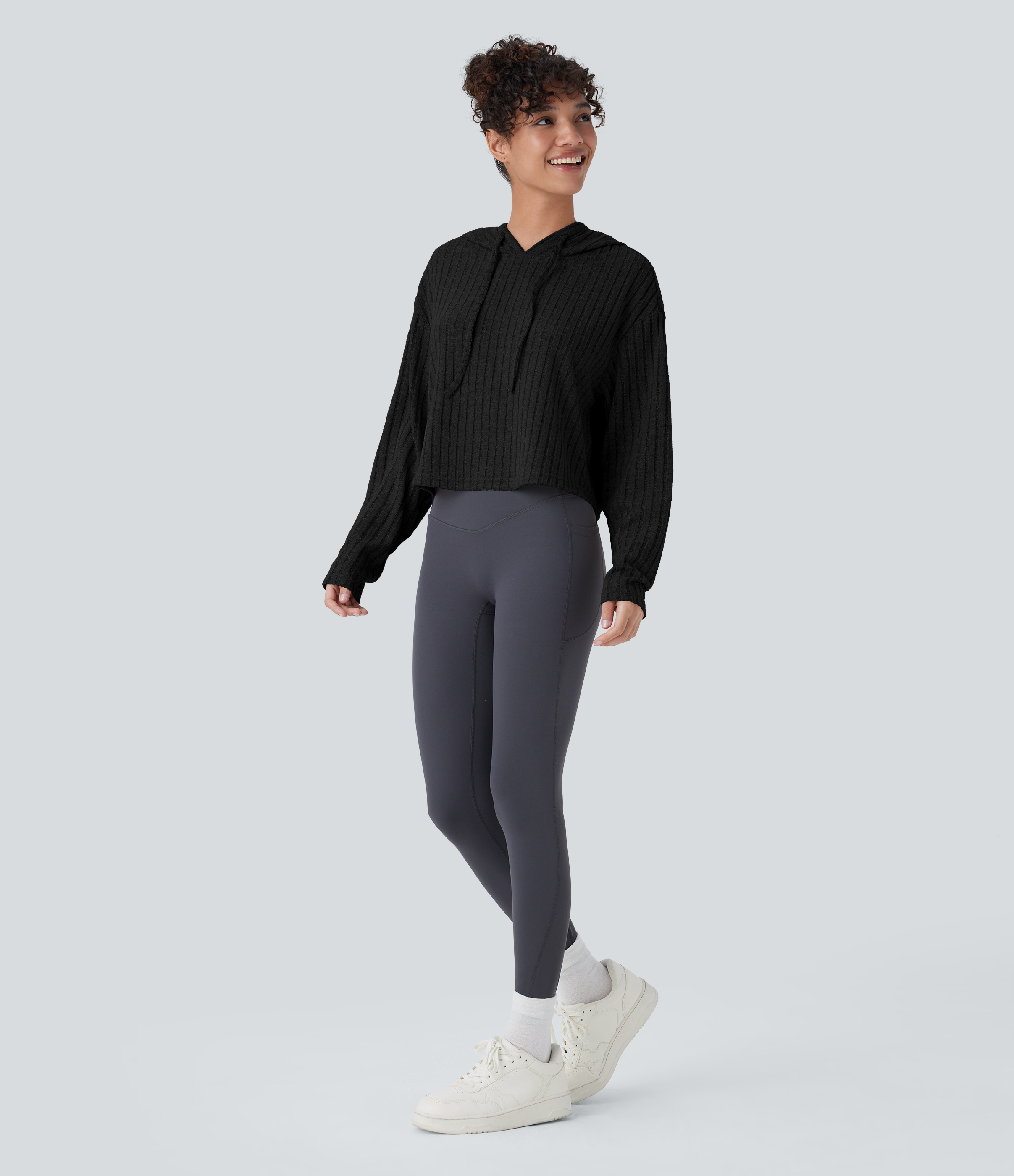 Halara Ribbed Knit Hooded Drawstring Relax Casual Sweatshirt  - Black - L 