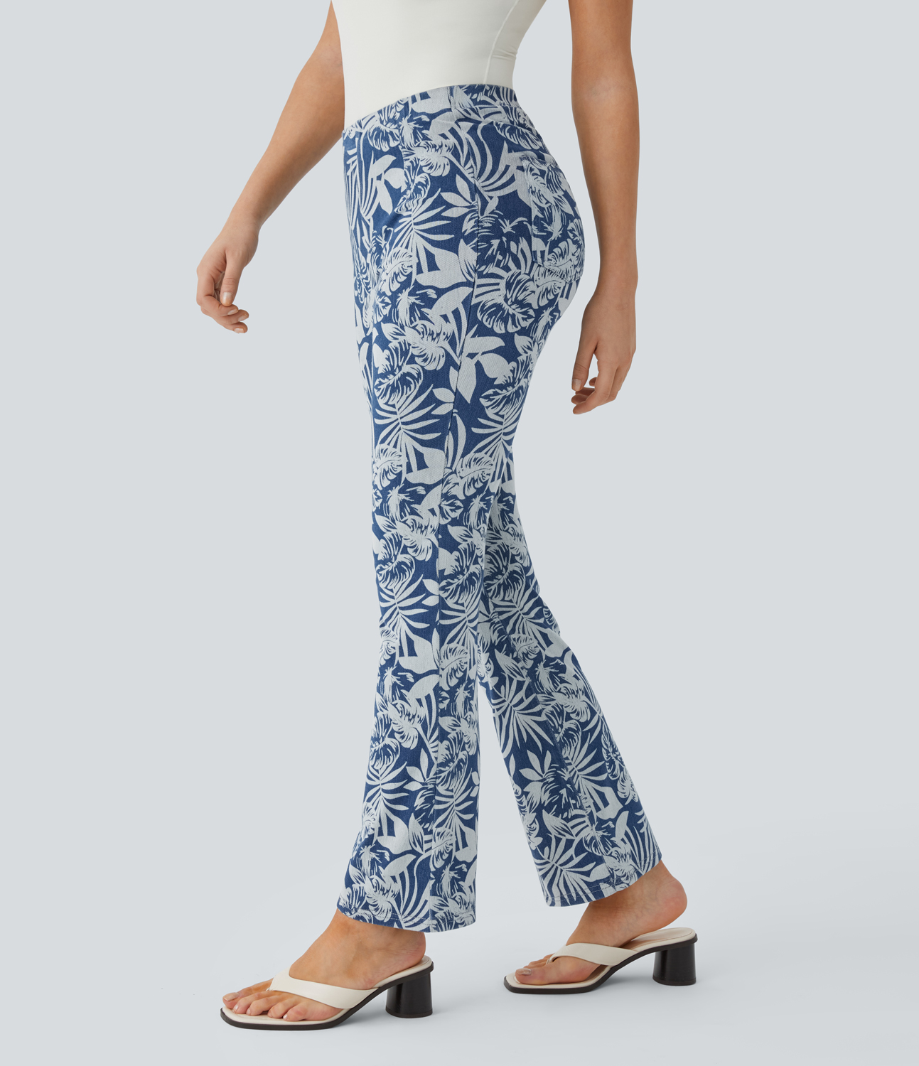 Halara Flex™ High Waisted Pull On Back Side Pocket Floral Print Stretchy Knit Denim Casual Slight Flare Leggings
