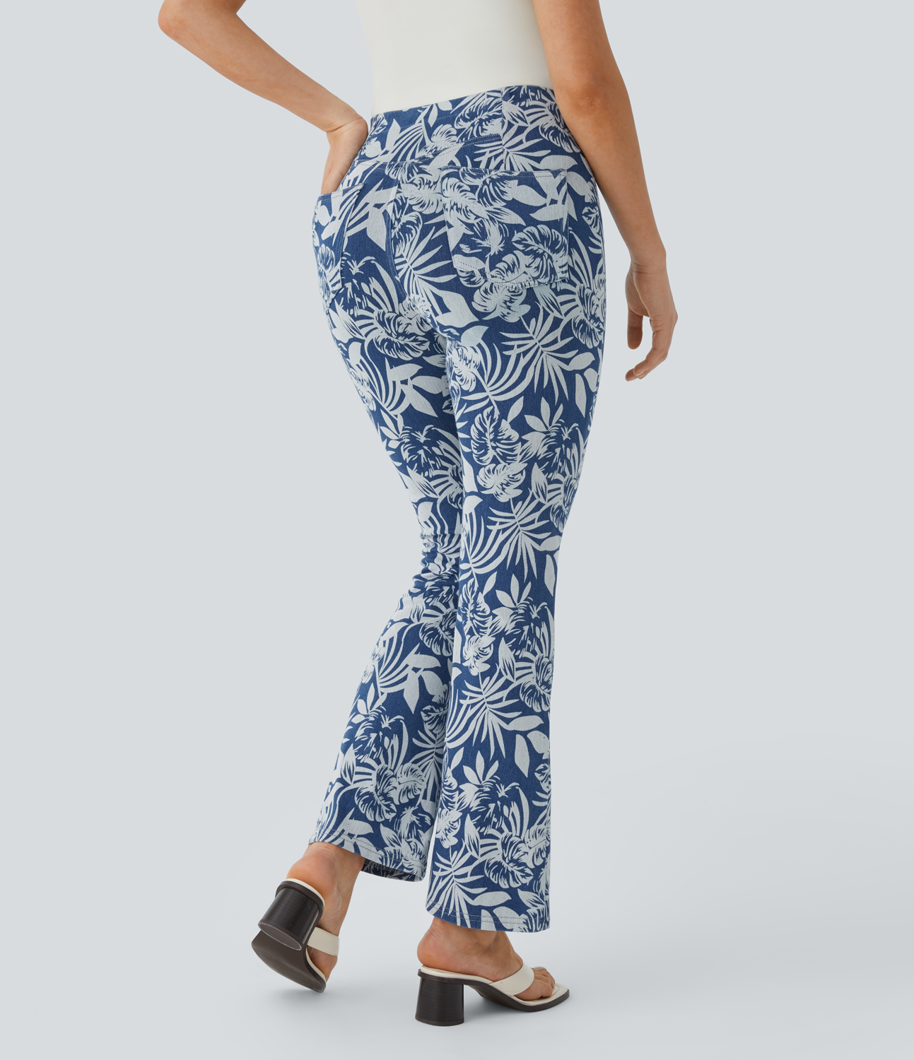 Floral Blue Denim Halara Flex™ High Waisted Pull On Back Side Pocket Floral Print Stretchy Knit Denim Casual Slight Flare Leggings / 2