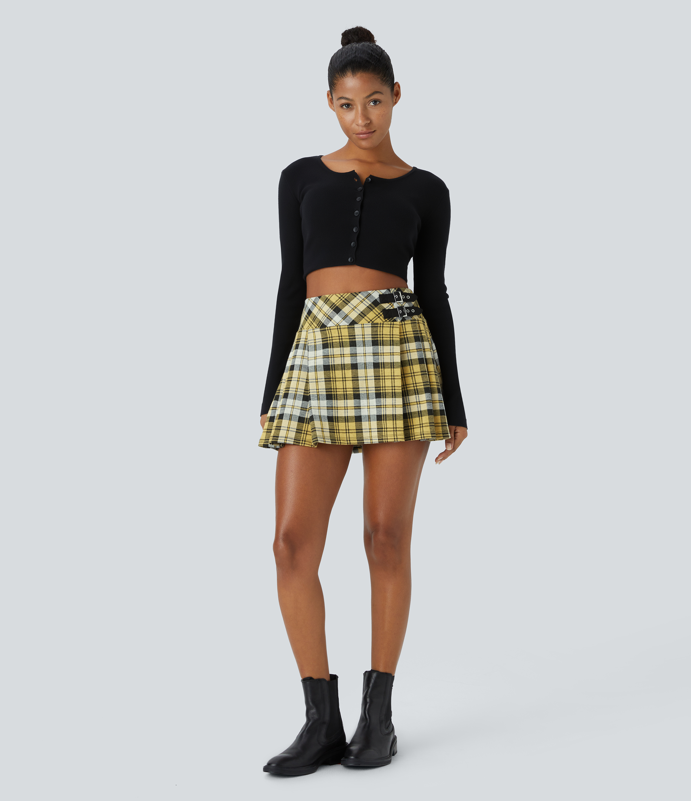 Halara High Waisted Decorative Buckle 2-in-1 Plaid Pleated Mini Casual Skirt  - Beige Yellow Plaid - L(regular) 