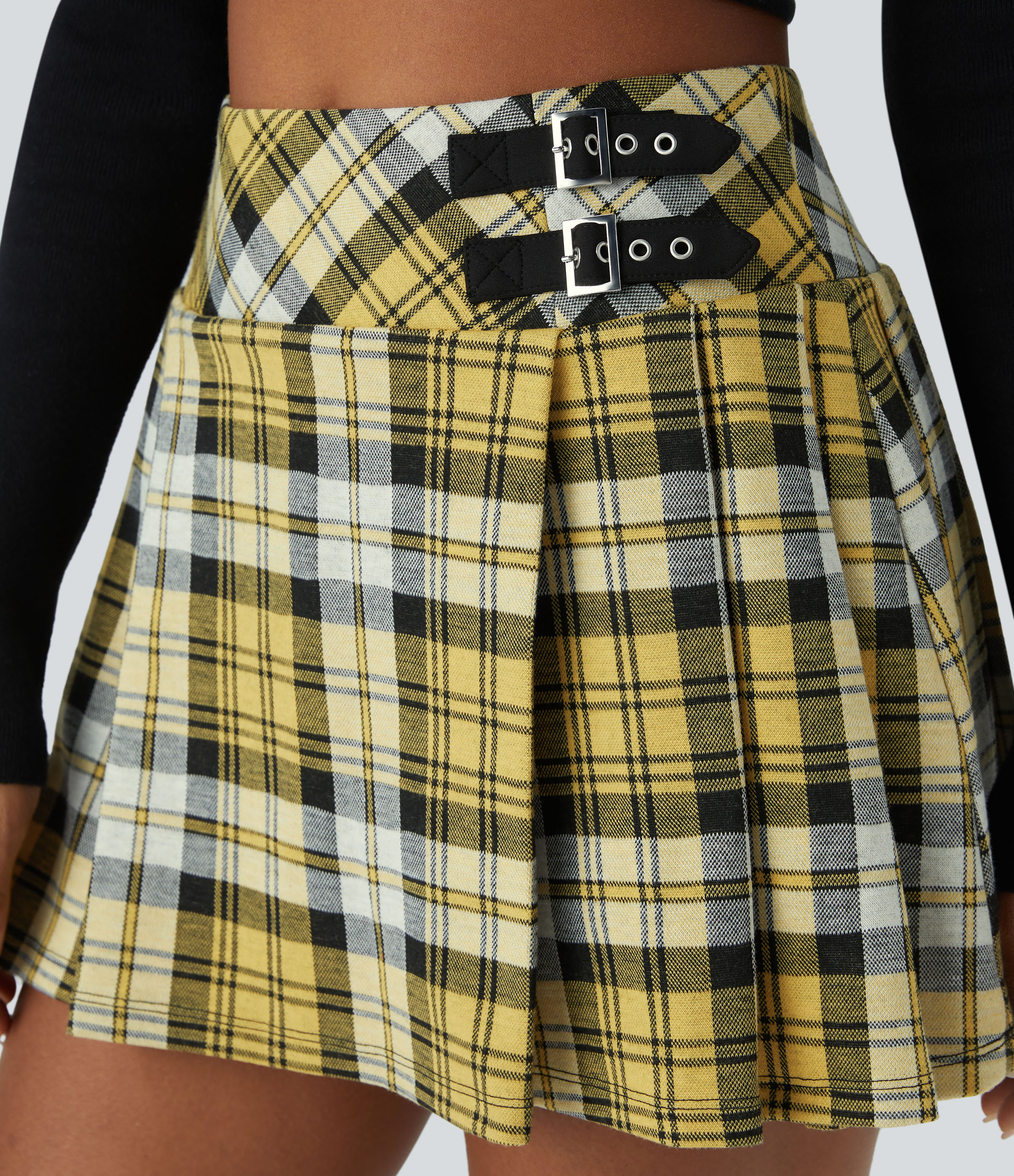 Halara High Waisted Decorative Buckle 2-in-1 Plaid Pleated Mini Casual Skirt  - Beige Yellow Plaid - L(regular) 