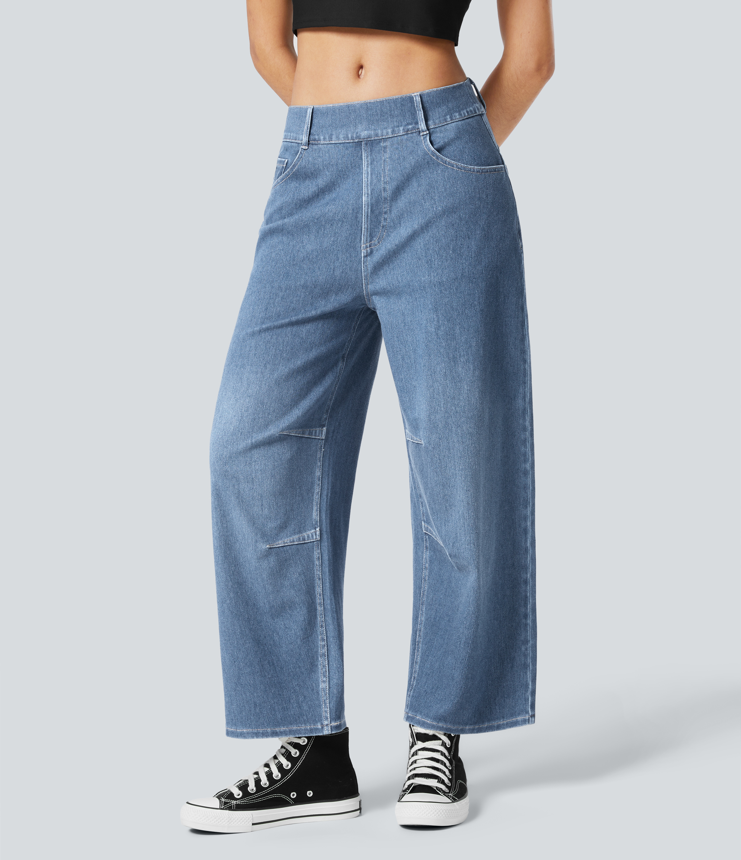 Halara HalaraMagicв„ў Mid Rise Multiple Pockets Stretchy Knit Work Tapered Jeans  - Creek Blue Denim - M(regular) sweatpants jogger pants 
