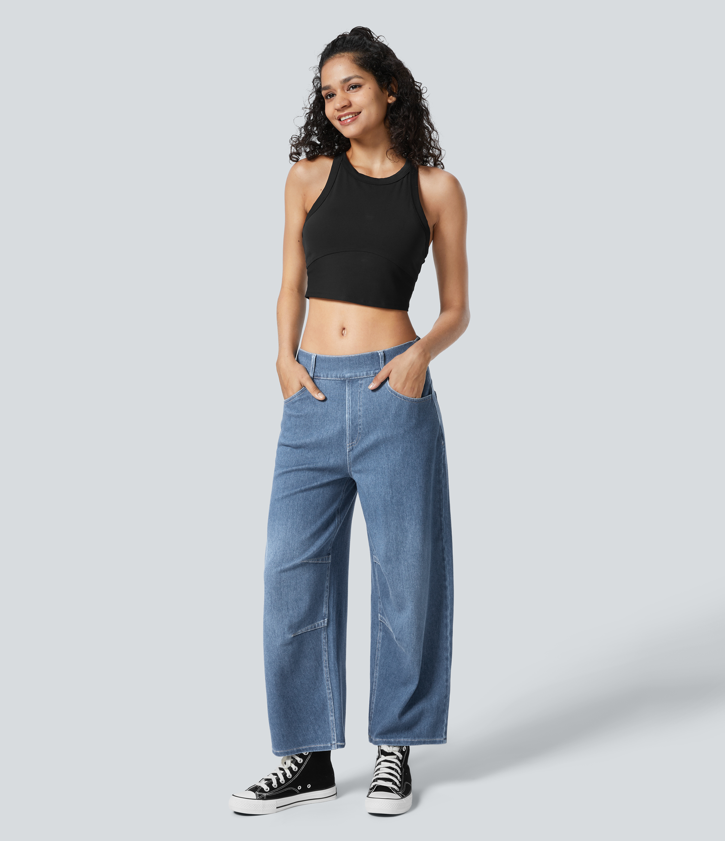 Halara HalaraMagicв„ў Mid Rise Multiple Pockets Stretchy Knit Work Tapered Jeans  - Creek Blue Denim - M(regular) sweatpants jogger pants 