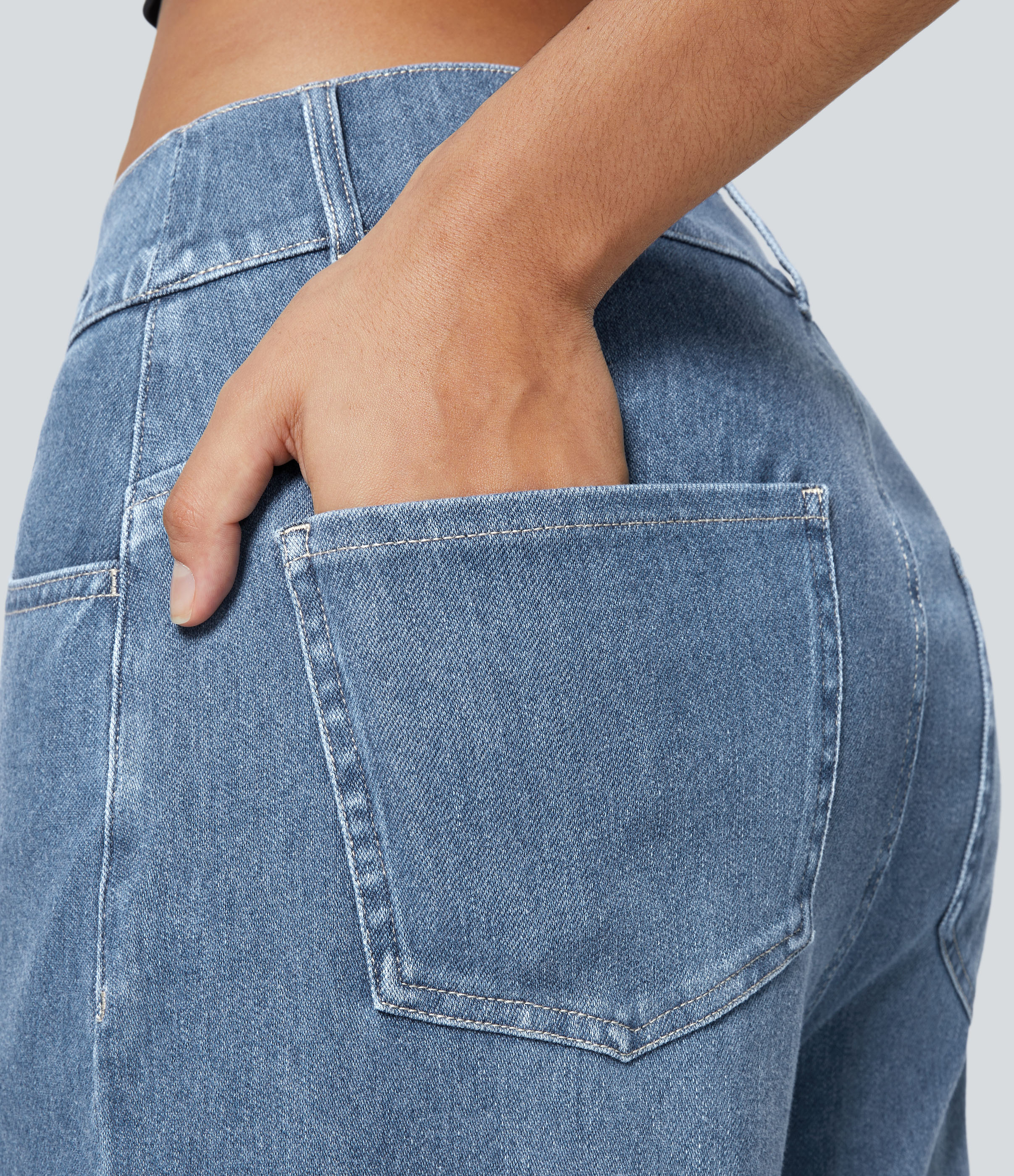 Halara HalaraMagicв„ў Mid Rise Multiple Pockets Stretchy Knit Work Tapered Jeans  - Creek Blue Denim - M(regular) sweatpants jogger pants 