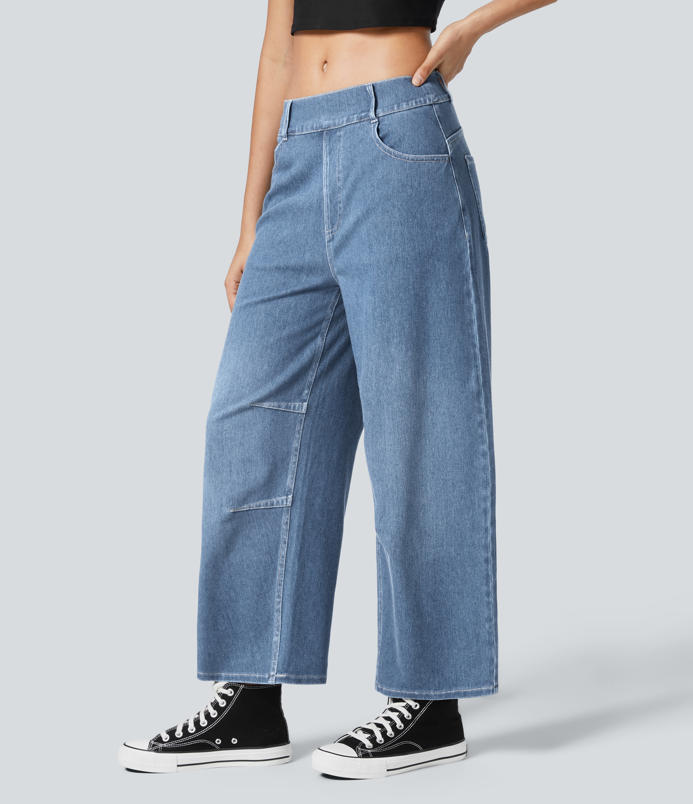 Halara HalaraMagicв„ў Mid Rise Multiple Pockets Stretchy Knit Work Tapered Jeans  - Creek Blue Denim - M(regular) sweatpants jogger pants 