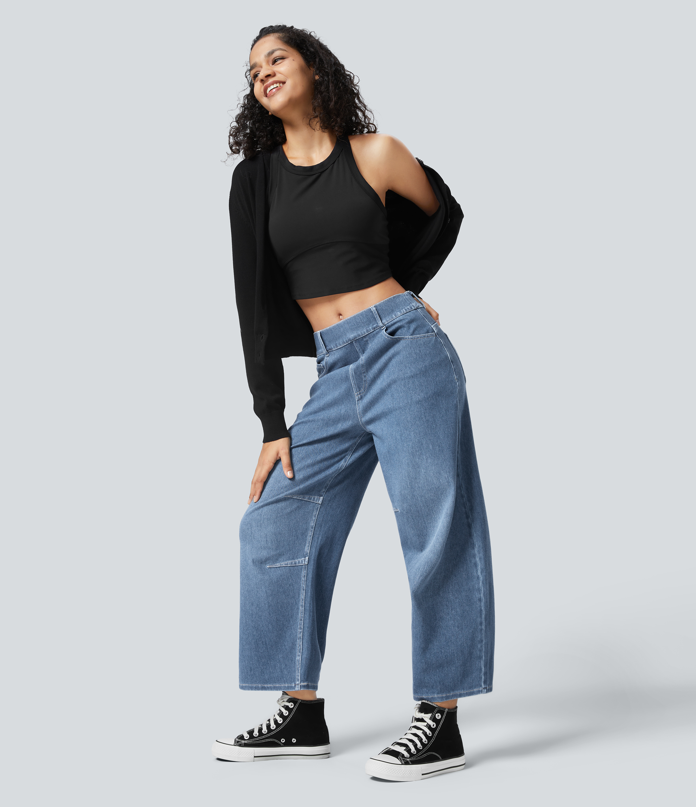 Halara HalaraMagicв„ў Mid Rise Multiple Pockets Stretchy Knit Work Tapered Jeans  - Creek Blue Denim - M(regular) sweatpants jogger pants 